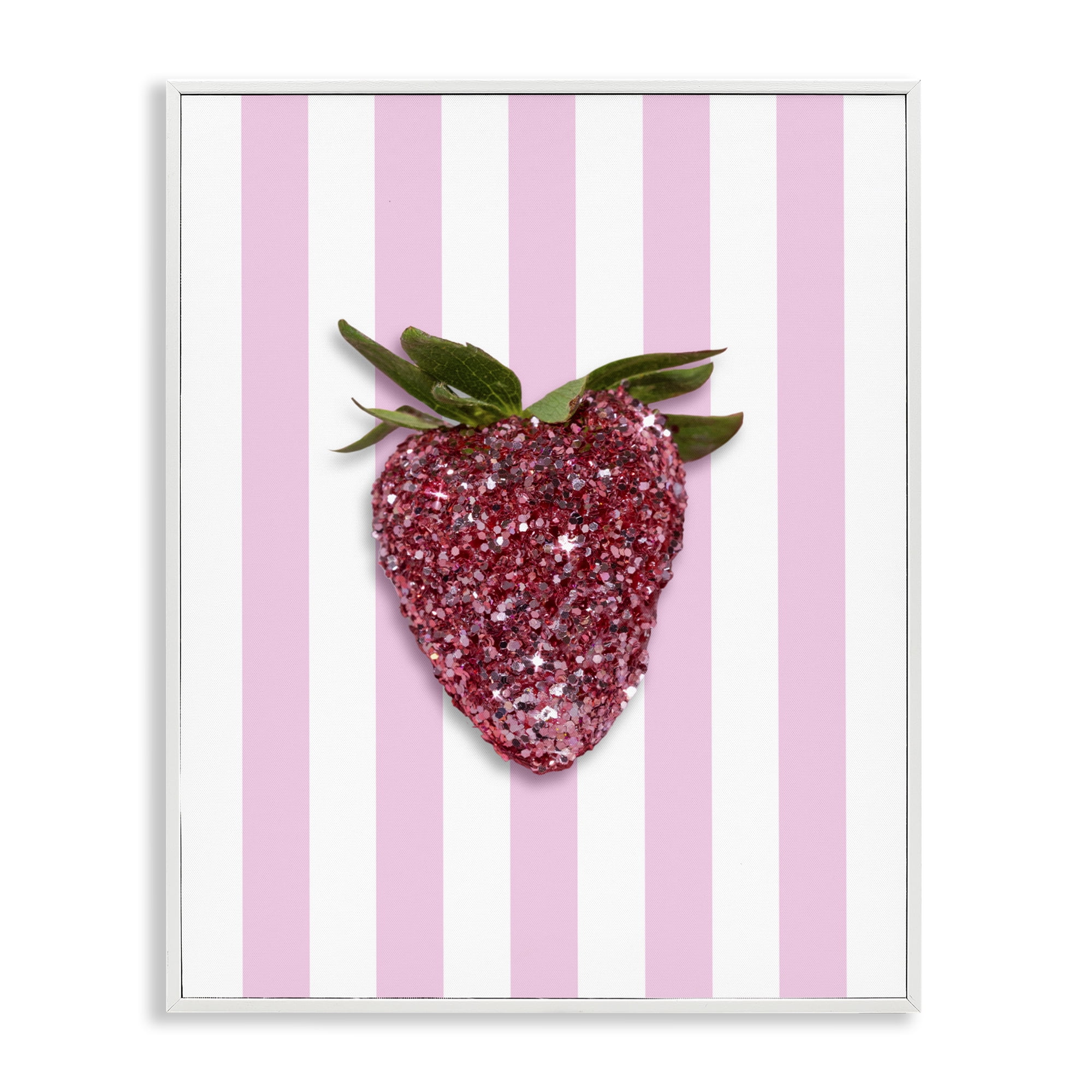 Stupell Industries Glimmer Strawberry on Green Stripes White Framed Giclee Art, design by LISH Creative