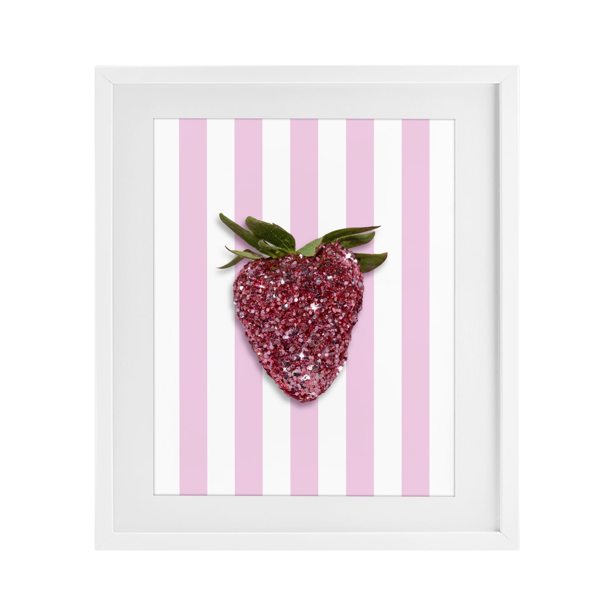 Stupell Industries Glimmer Strawberry on Green Stripes White Framed Print Under Glass, design by LISH Creative