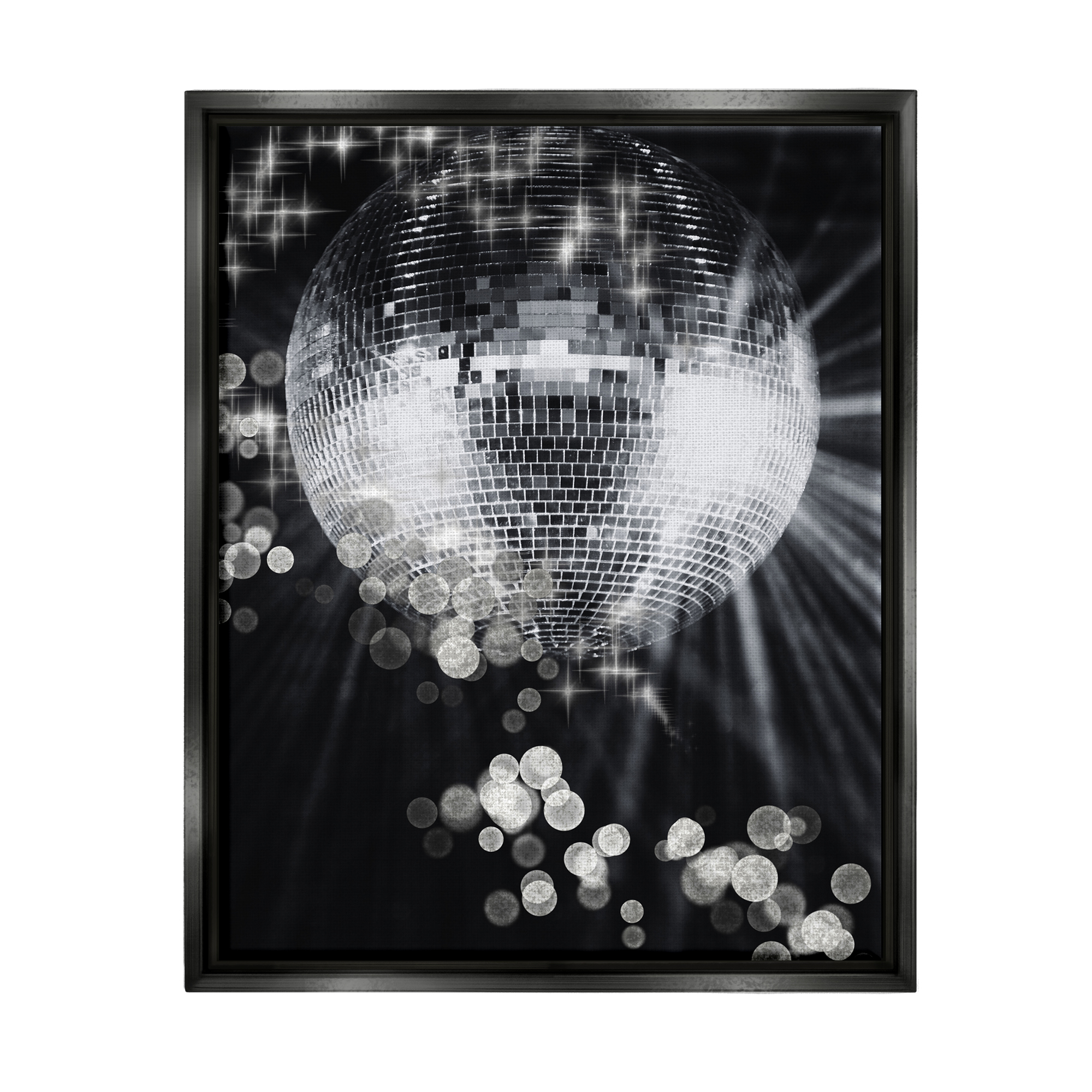 Stupell Industries Glimmering Disco Ball Literature & Flim Photography Black Floater Framed Canvas Art Print Wall Art, 25 x 31