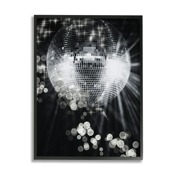 Stupell Industries Glimmering Disco Ball Literature & Flim Photography Black Framed Art Print Wall Art, 24 x 30