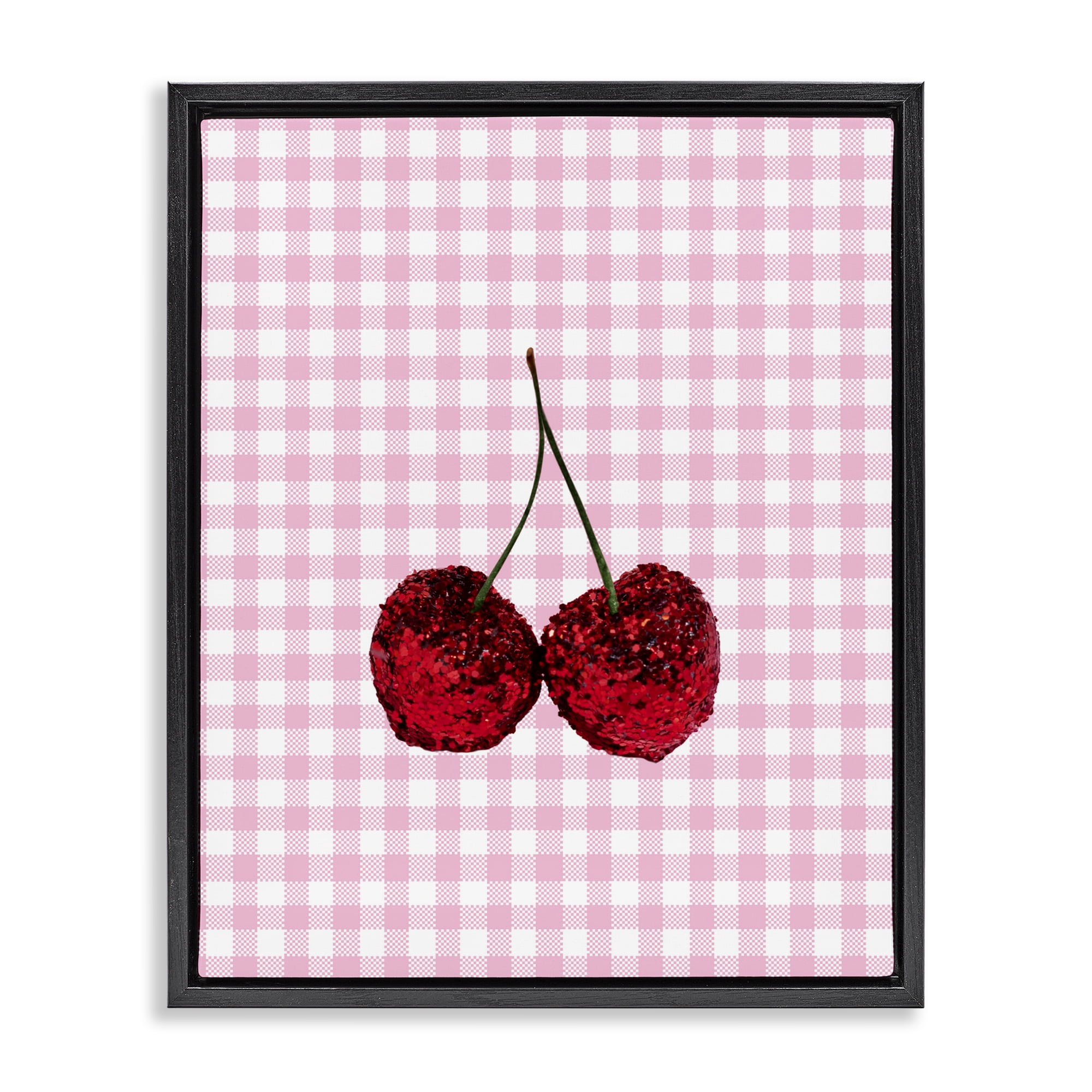 Stupell Industries Glitter Cherry on Pink Gingham Black Framed Floater Canvas Wall Art, design by LISH Creative