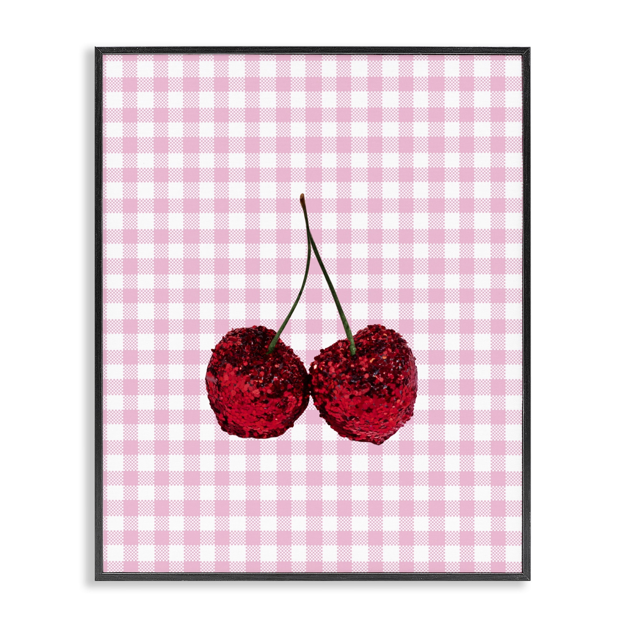 Stupell Industries Glitter Cherry on Pink Gingham Black Framed Giclee Art, design by LISH Creative
