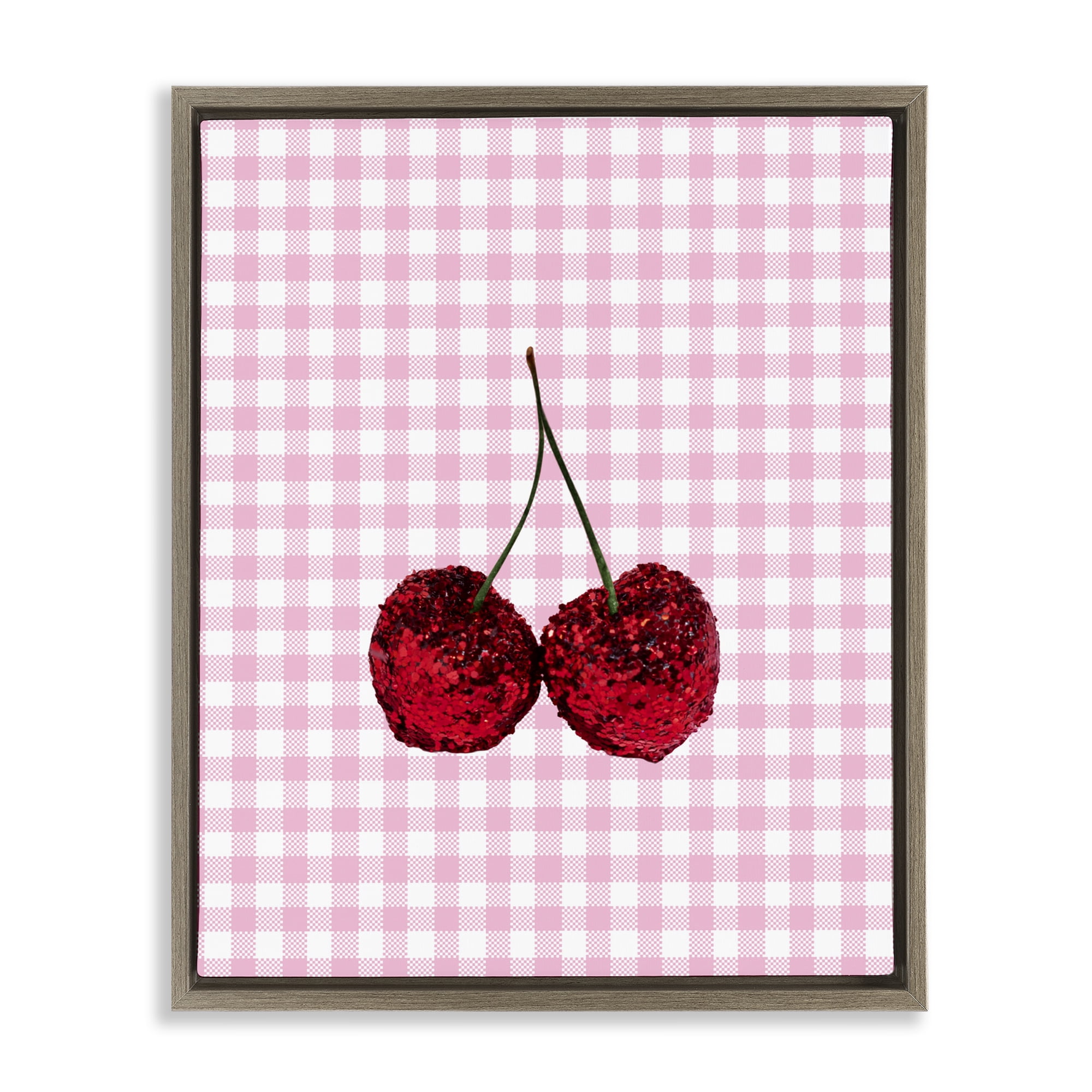 Stupell Industries Glitter Cherry on Pink Gingham Brown Framed Floater Canvas Wall Art, design by LISH Creative