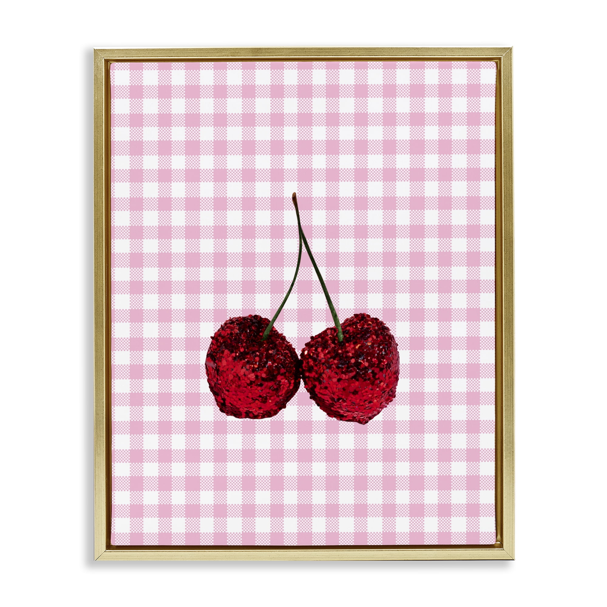 Stupell Industries Glitter Cherry on Pink Gingham Gold Framed Floater Canvas Wall Art, design by LISH Creative