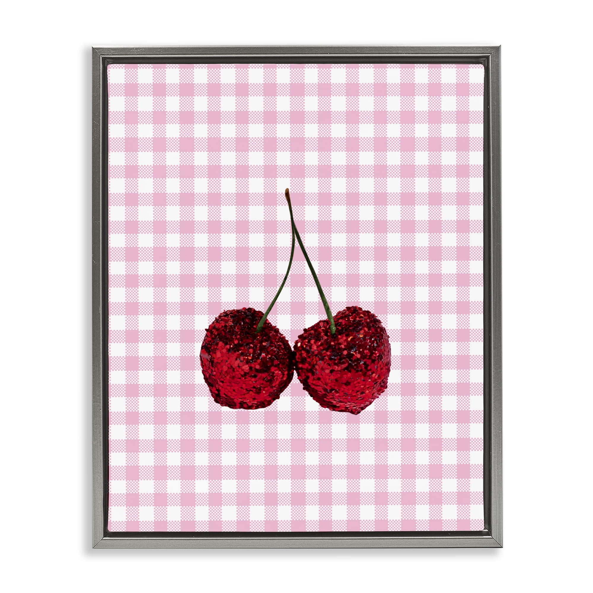 Stupell Industries Glitter Cherry on Pink Gingham Gray Framed Floater Canvas Wall Art, design by LISH Creative
