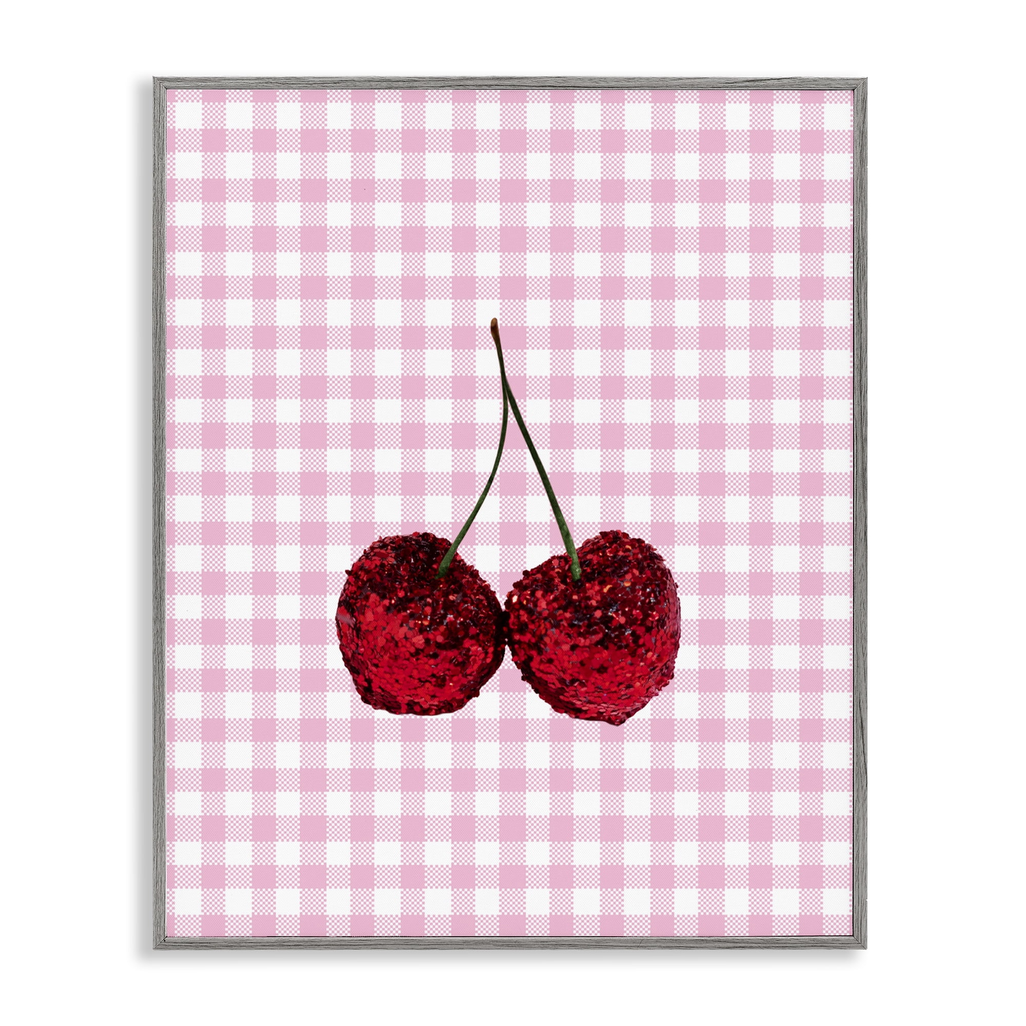 Stupell Industries Glitter Cherry on Pink Gingham Gray Framed Giclee Art, design by LISH Creative
