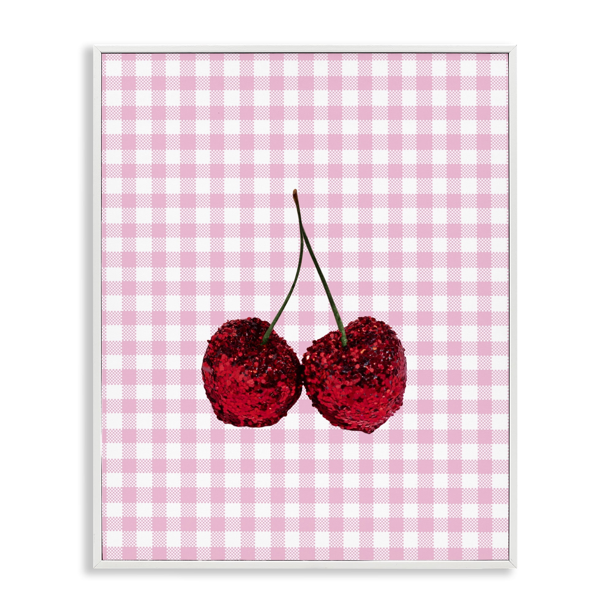 Stupell Industries Glitter Cherry on Pink Gingham White Framed Giclee Art, design by LISH Creative