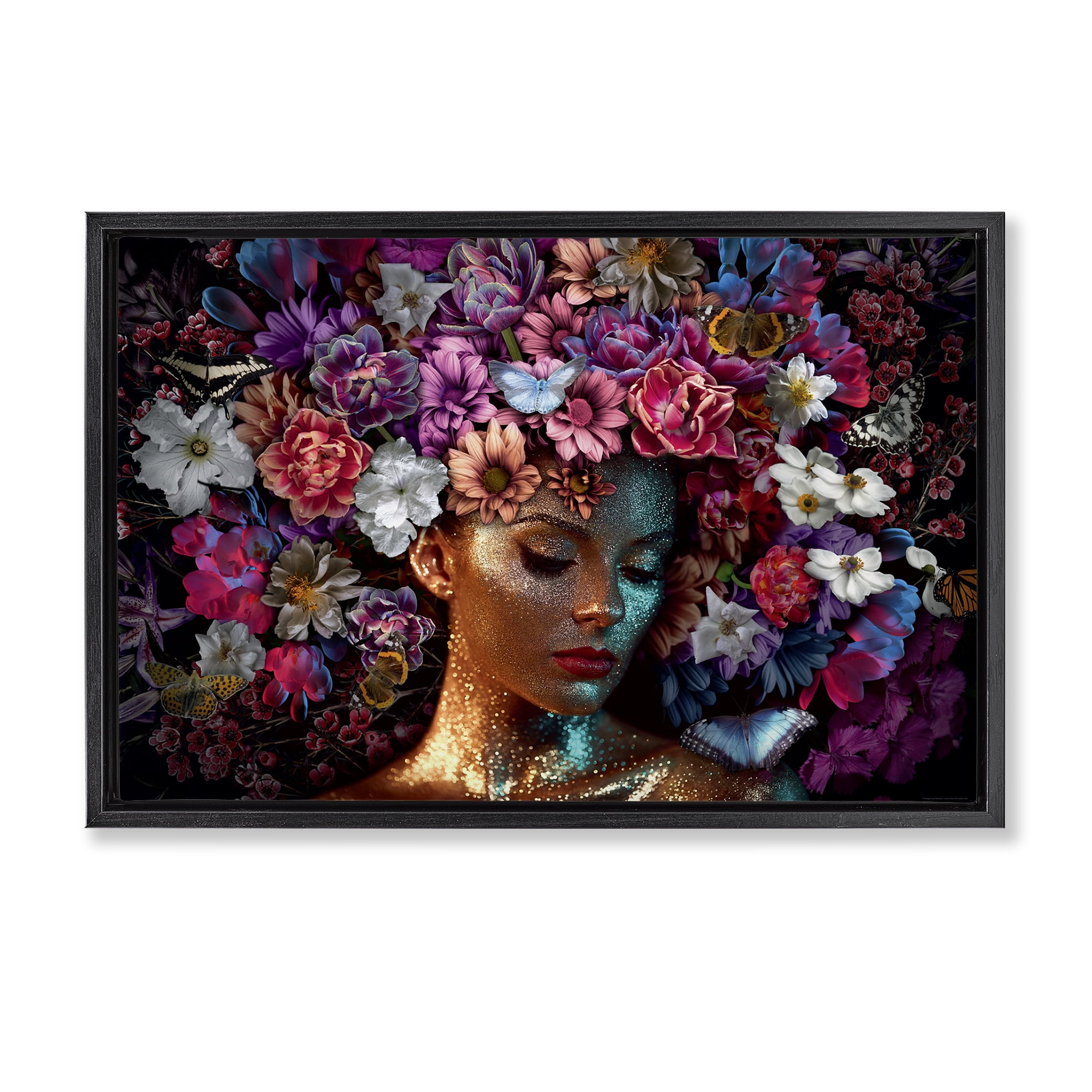 Stupell Industries Glitz Woman with Florals Plants & Flowers Painting Black Floater Framed Canvas Art Print Wall Art, 31 x 21