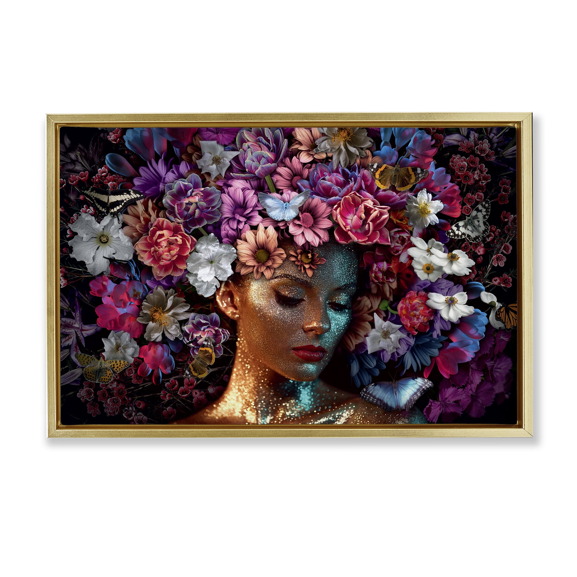 Stupell Industries Glitz Woman with Florals Plants & Flowers Painting Gold Floater Framed Canvas Art Print Wall Art, 25 x 17