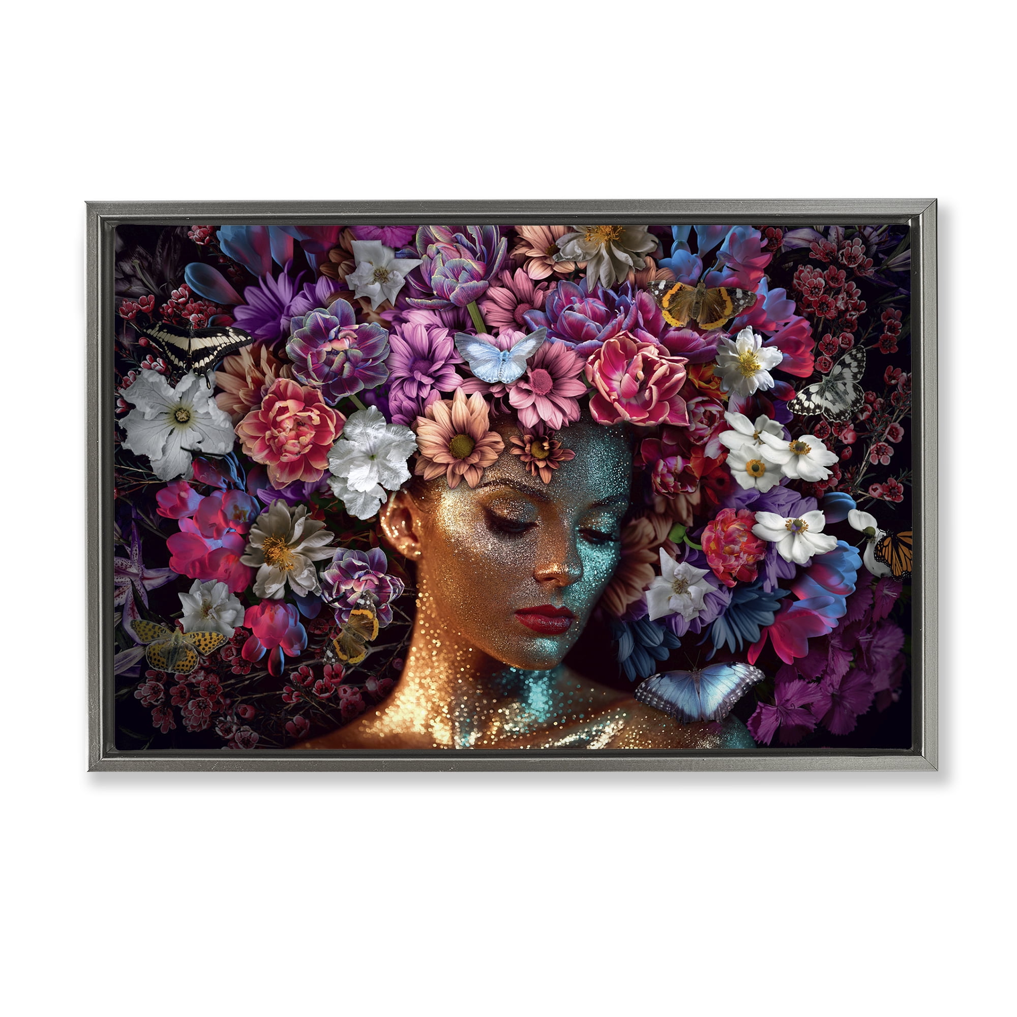 Stupell Industries Glitz Woman with Florals Plants & Flowers Painting Gray Floater Framed Canvas Art Print Wall Art, 25 x 17