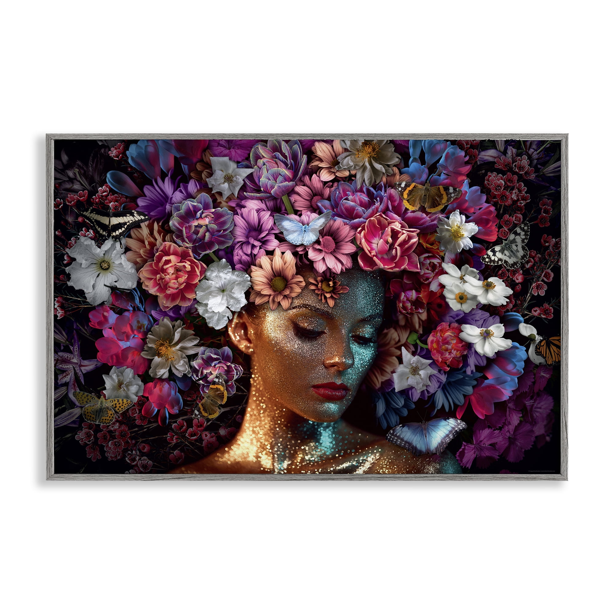 Stupell Industries Glitz Woman with Florals Plants & Flowers Painting Gray Framed Art Print Wall Art, 18 x 12