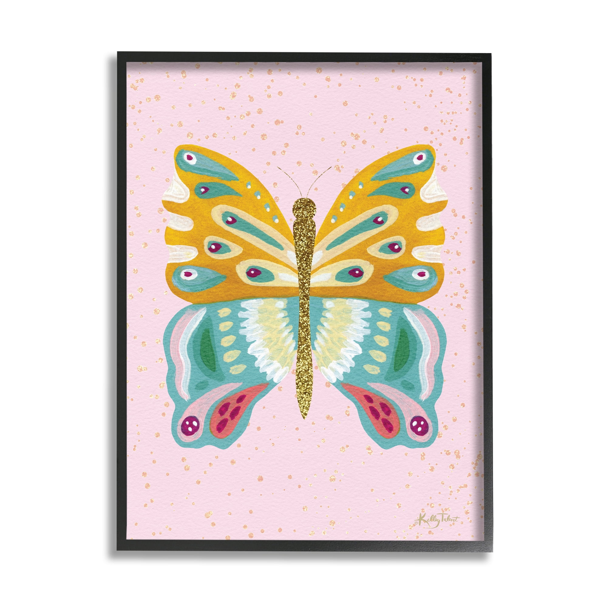 Stupell Industries Glitzy Butterfly on Pink Animals & Insects Painting Black Framed Art Print Wall Art, 24 x 30