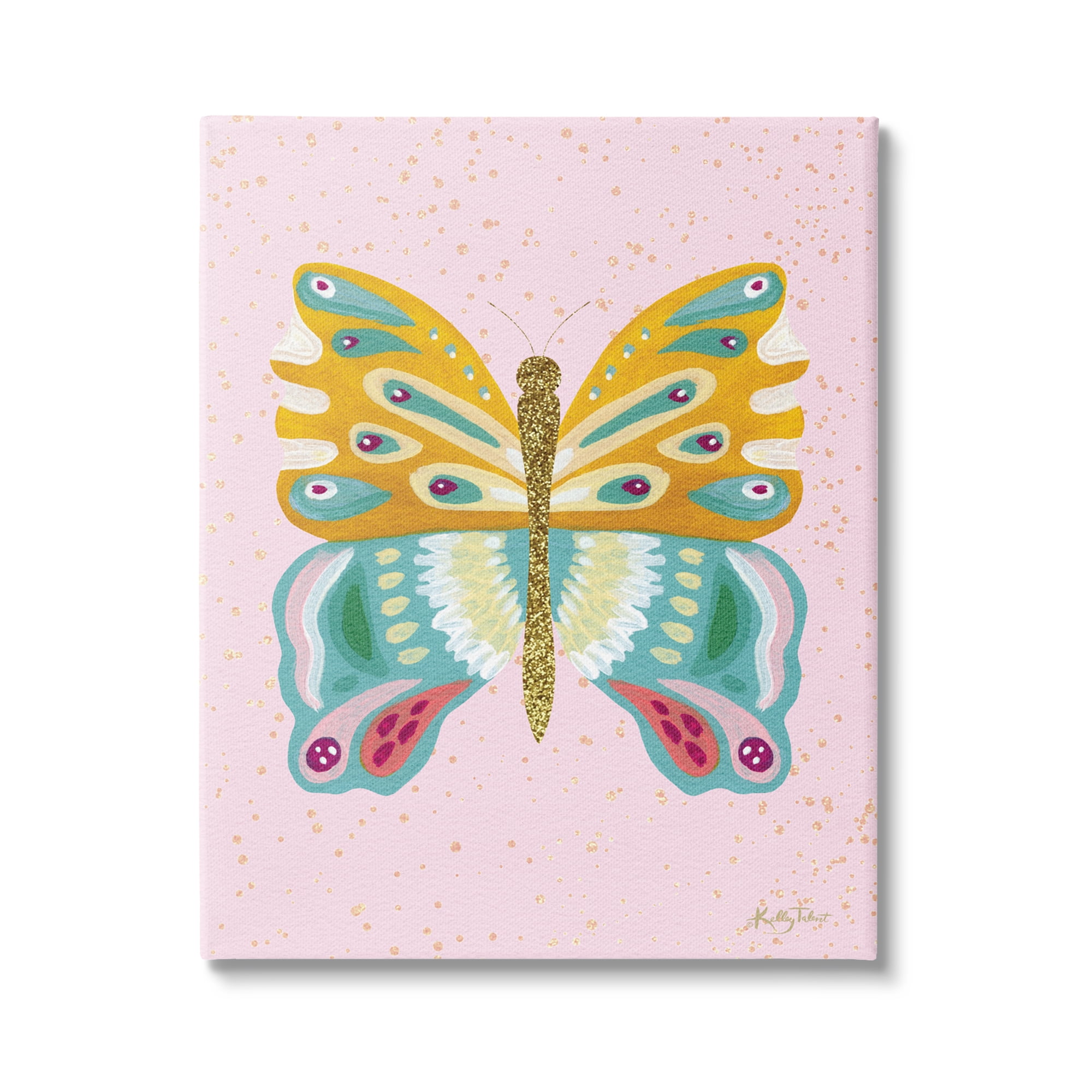 Stupell Industries Glitzy Butterfly on Pink Animals & Insects Painting Gallery Wrapped Canvas Art Print Wall Art, 30 x 40