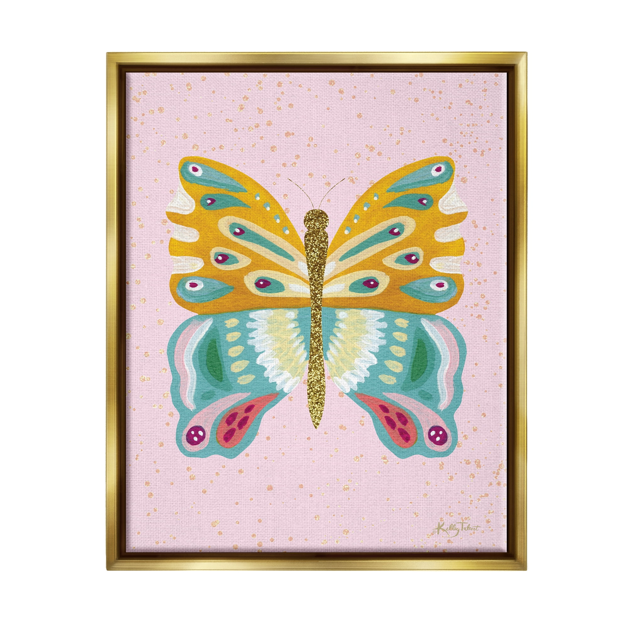 Stupell Industries Glitzy Butterfly on Pink Animals & Insects Painting Gold Floater Framed Canvas Art Print Wall Art, 17 x 21