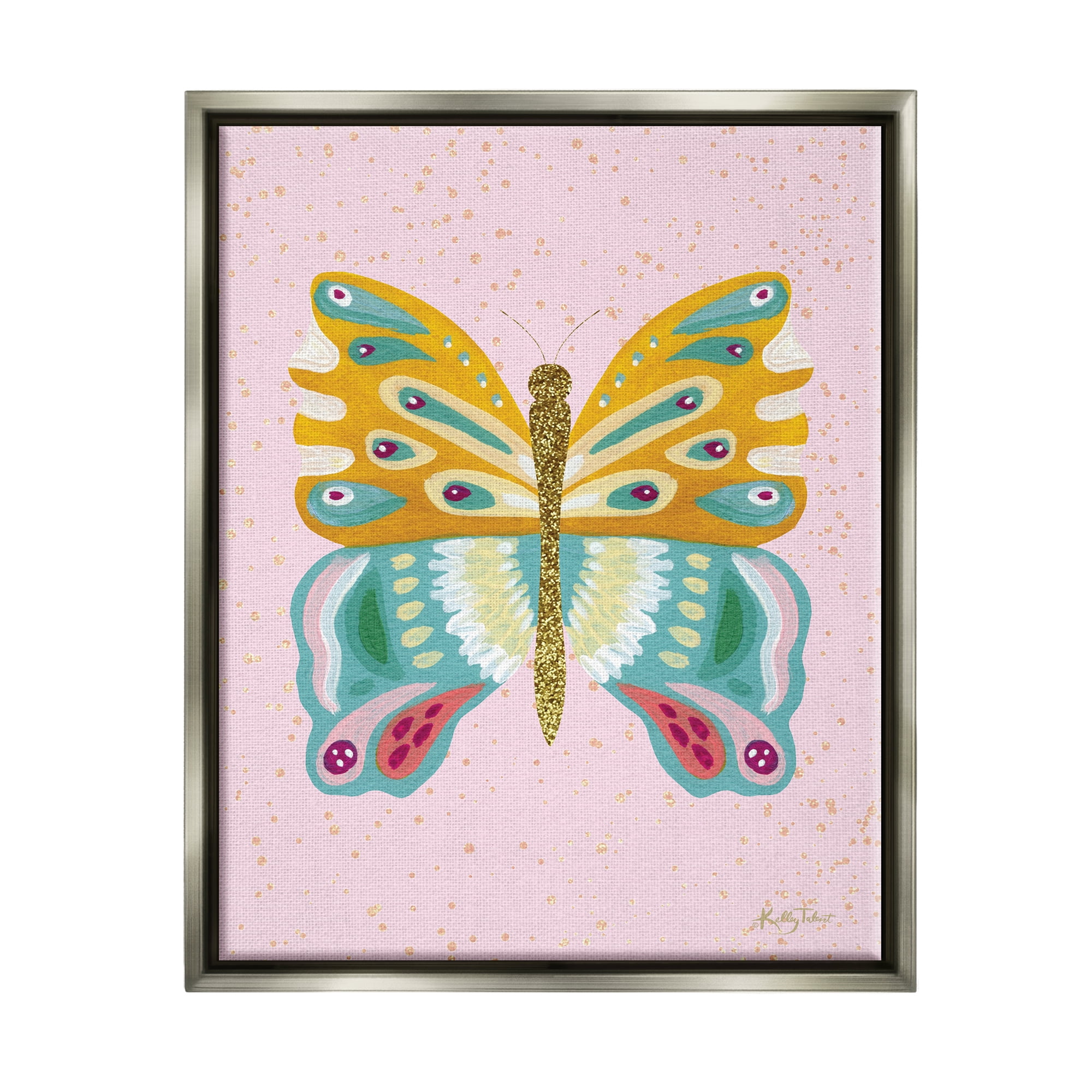 Stupell Industries Glitzy Butterfly on Pink Animals & Insects Painting Gray Floater Framed Canvas Art Print Wall Art, 25 x 31