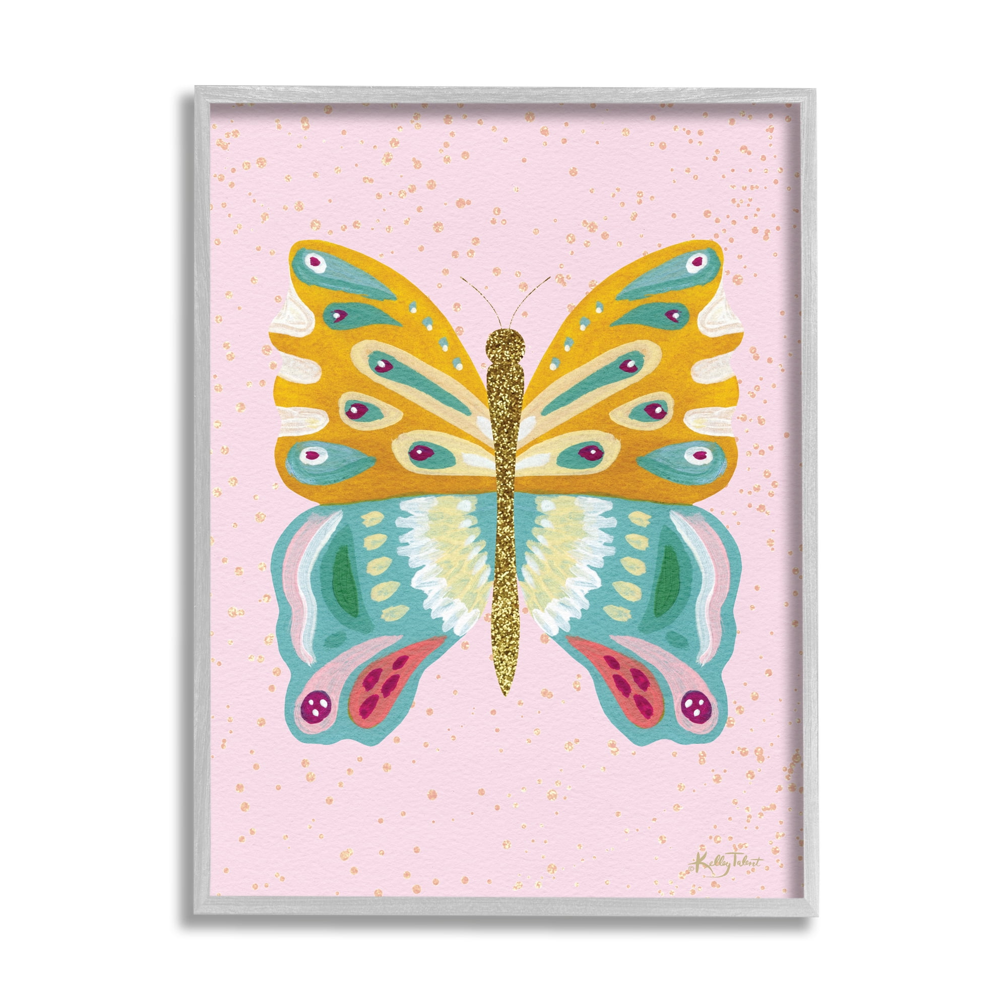 Stupell Industries Glitzy Butterfly on Pink Animals & Insects Painting Gray Framed Art Print Wall Art, 11 x 14