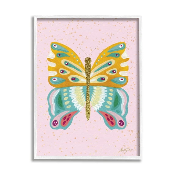 Stupell Industries Glitzy Butterfly on Pink Animals & Insects Painting White Framed Art Print Wall Art, 11 x 14
