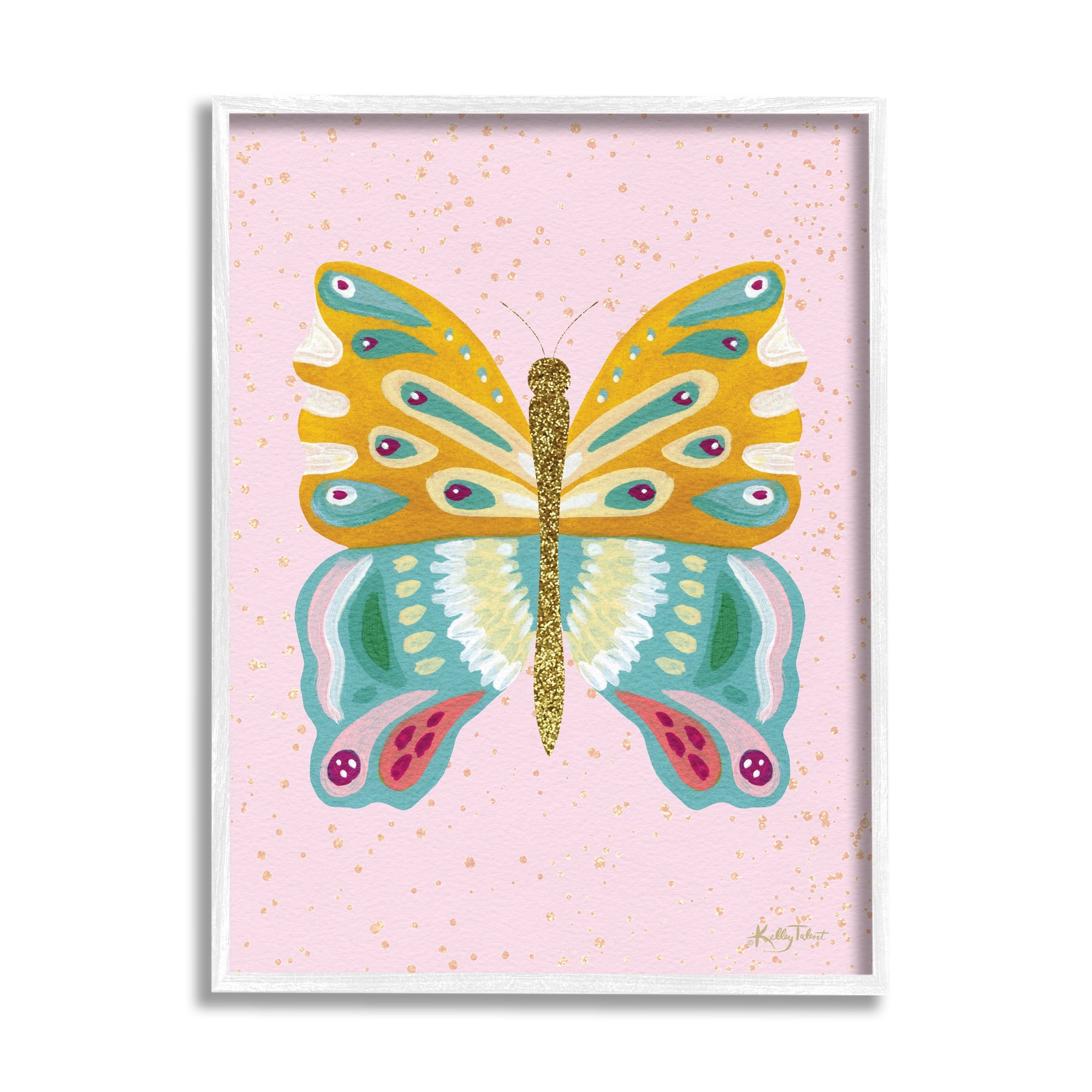 Stupell Industries Glitzy Butterfly on Pink Animals & Insects Painting White Framed Art Print Wall Art, 24 x 30