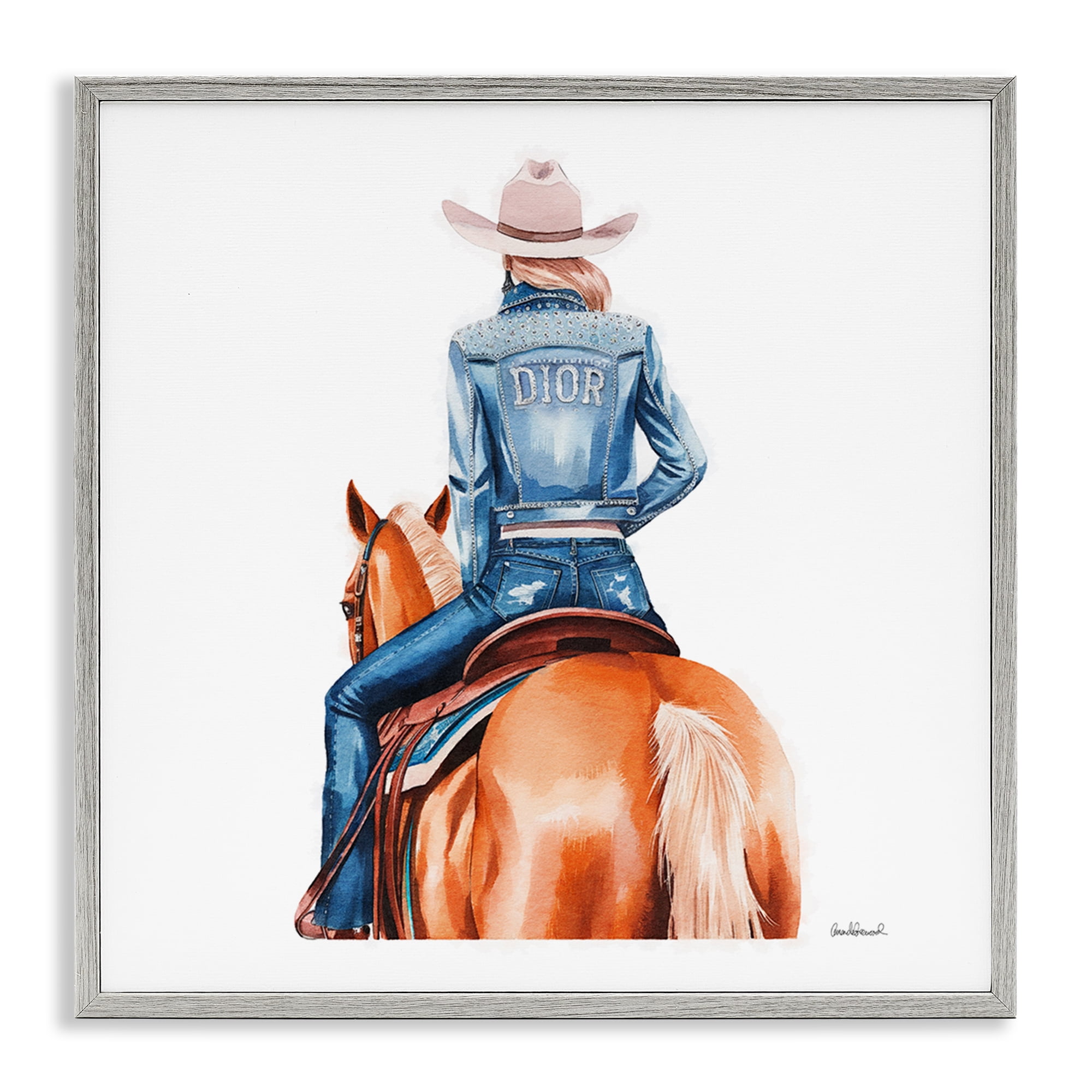 Stupell Industries Glitzy Cowgirl & Horse People Painting Gray Framed Art Print Wall Art, 17 x 17