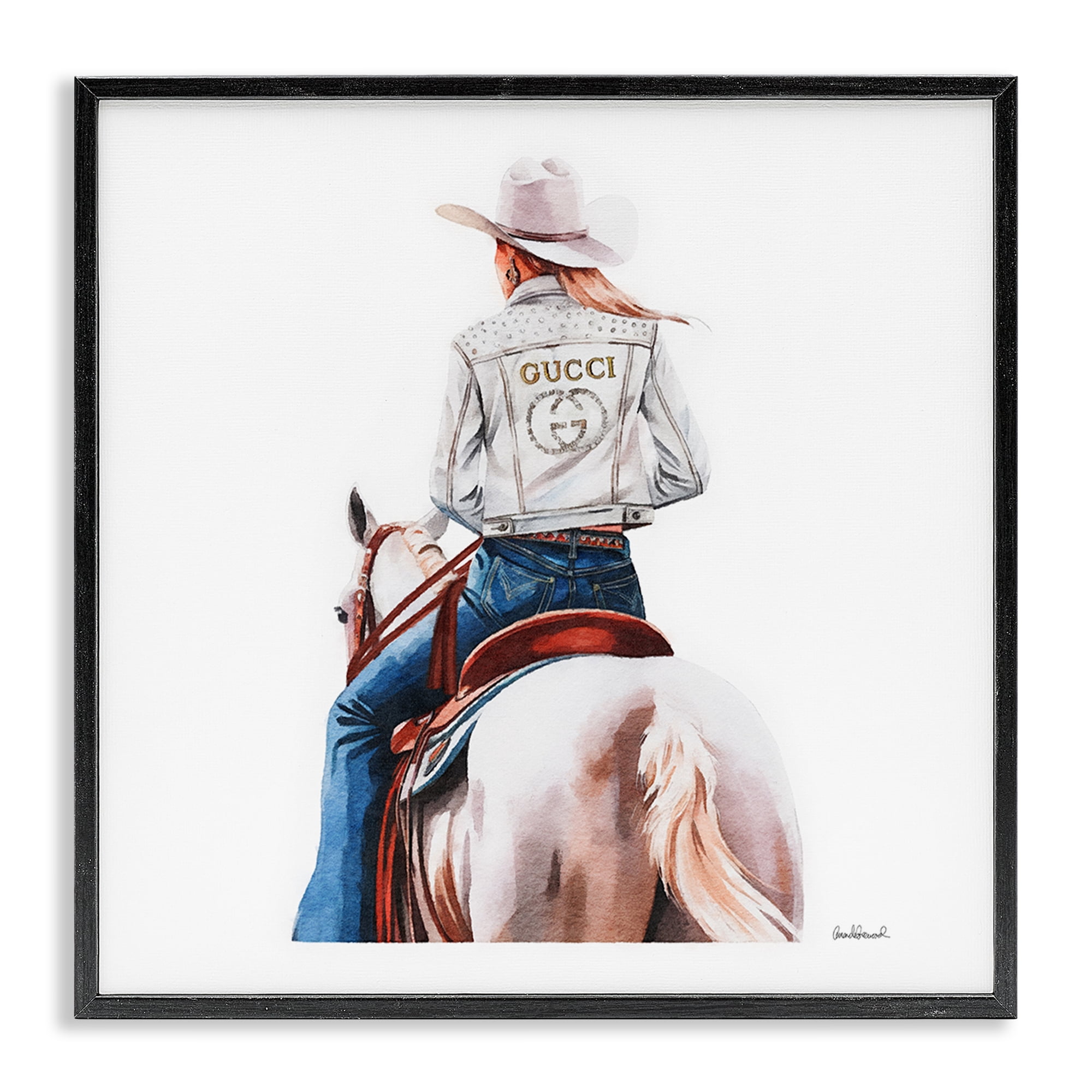 Stupell Industries Glitzy Cowgirl White Horse People Painting Black Framed Art Print Wall Art, 12 x 12