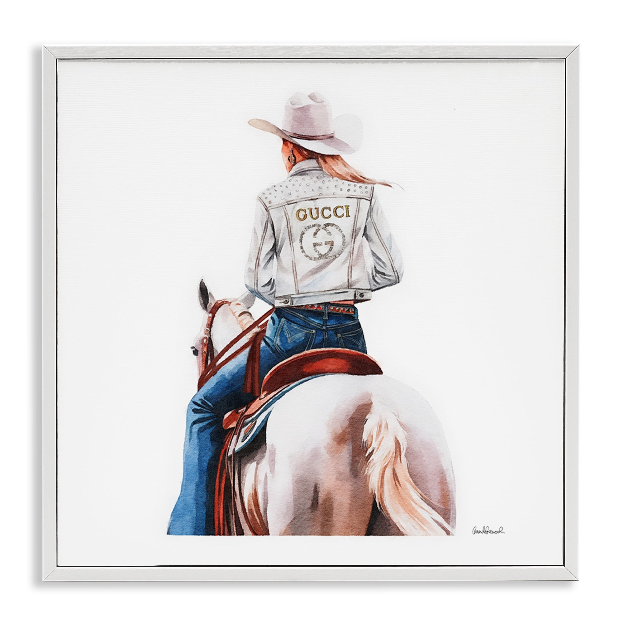 Stupell Industries Glitzy Cowgirl White Horse People Painting White Framed Art Print Wall Art, 12 x 12