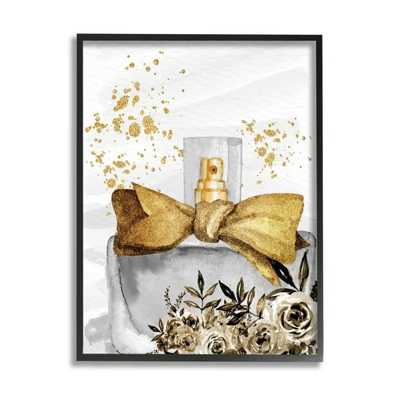 Stupell Industries Glitzy Floral Perfume Bottle Speckled Glam Design Graphic Art Black Framed Art Print Wall Art, Design by Kim Allen