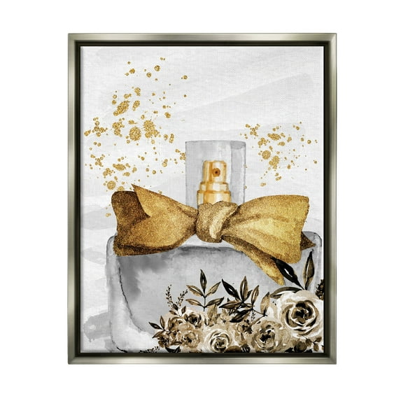 Stupell Industries Glitzy Floral Perfume Bottle Speckled Glam Design Graphic Art Luster Gray Floating Framed Canvas Print Wall Art, Design by Kim Allen