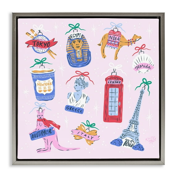 Stupell Industries Global Travel Ornaments Gray Framed Floater Canvas Wall Art design by Krissy Mast, 18 x 18