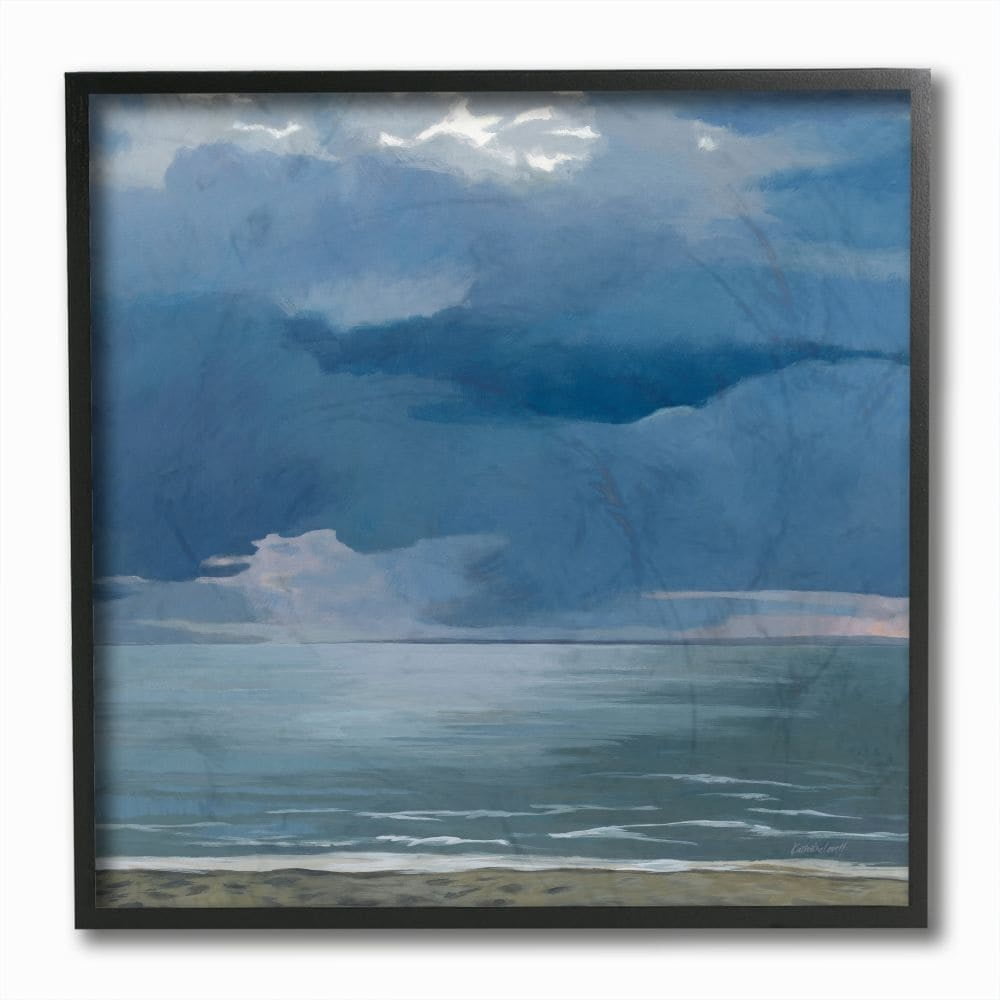 Stupell Industries Gloomy Cloud Beachscape Pastel Blue Brown Painting Framed Wall Art Design by Kathrine Lovell, 12" x 12", Black Framed