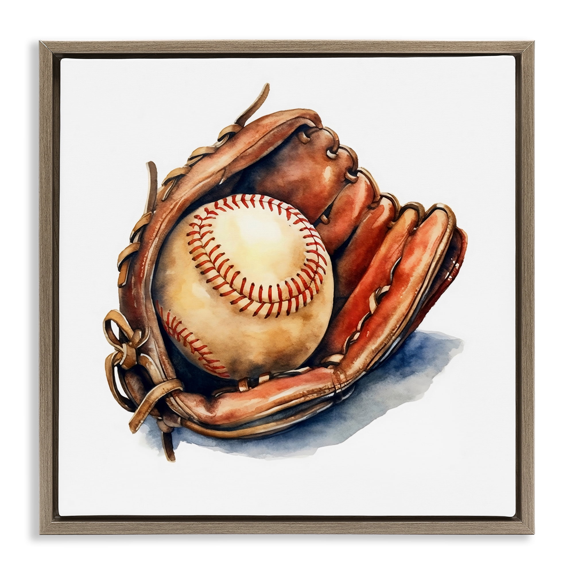 Stupell Industries Glove & Ball in Leather Brown Framed Floater Canvas Wall Art, design by Creative Studio