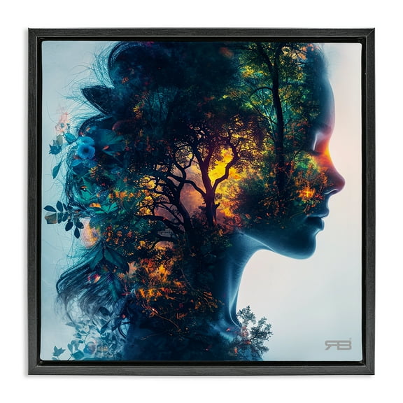 Stupell Industries Glowing Tree Girl Portrait People Painting Black Floater Framed Canvas Art Print Wall Art, 18 x 18
