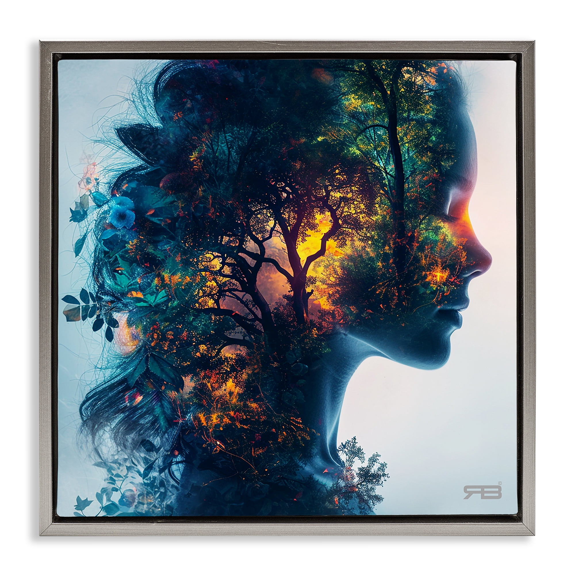 Stupell Industries Glowing Tree Girl Portrait People Painting Gray Floater Framed Canvas Art Print Wall Art, 25 x 25