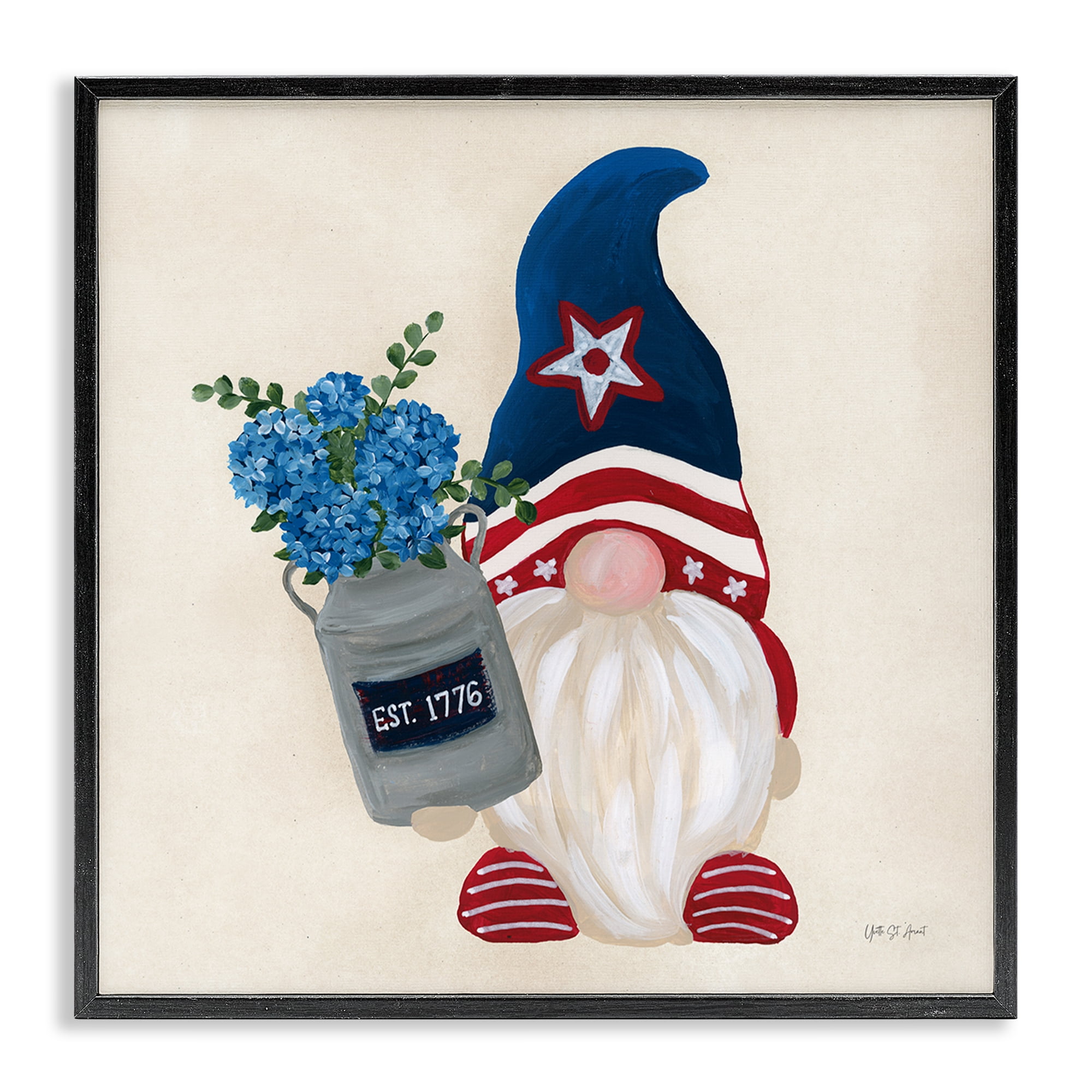 Stupell Industries Gnome & Americana Bouquet Patriotic Painting Black Framed Art Print Wall Art, 24 x 24