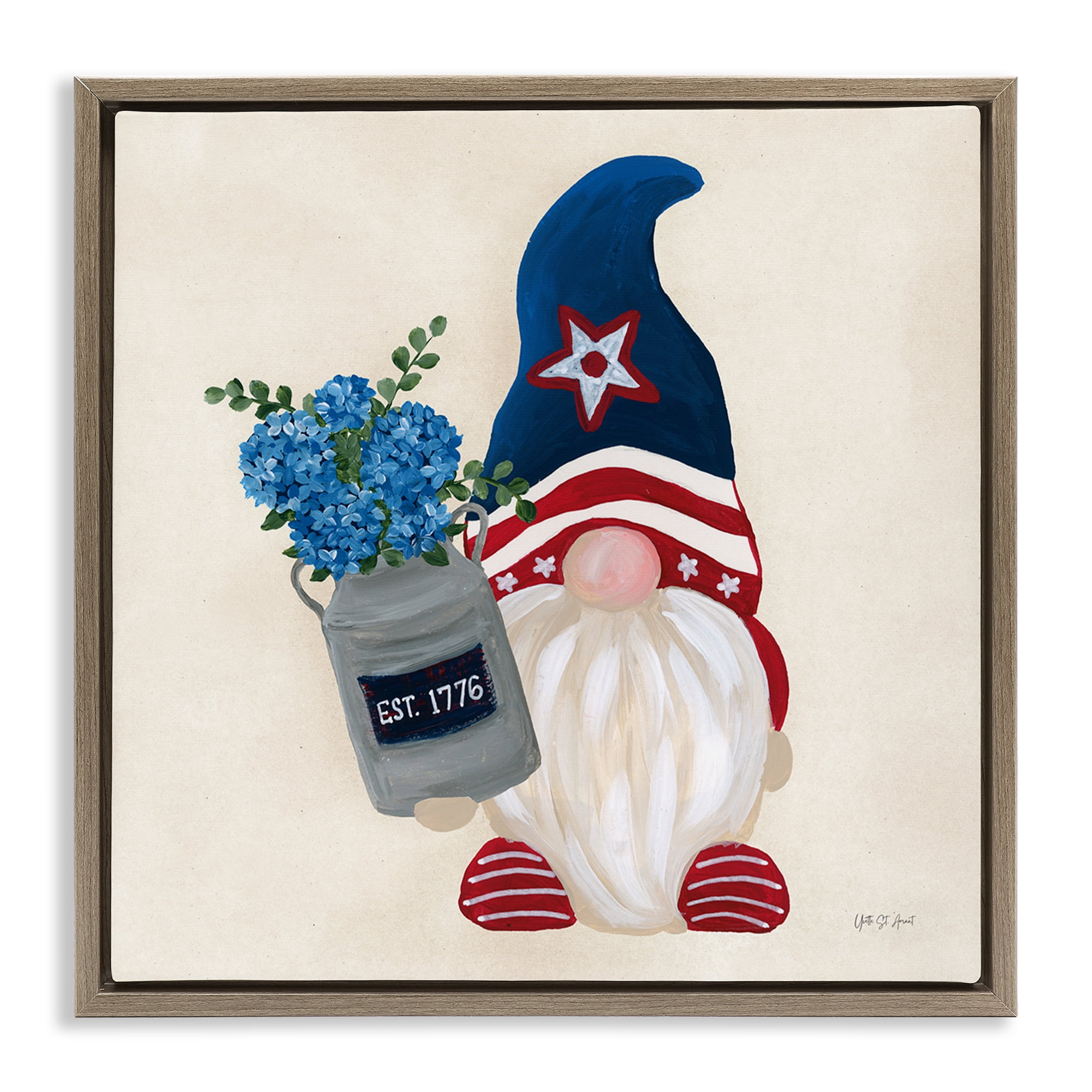 Stupell Industries Gnome & Americana Bouquet Patriotic Painting Brown Floater Framed Canvas Art Print Wall Art, 25 x 25