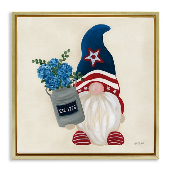 Stupell Industries Gnome & Americana Bouquet Patriotic Painting Gold Floater Framed Canvas Art Print Wall Art, 18 x 18