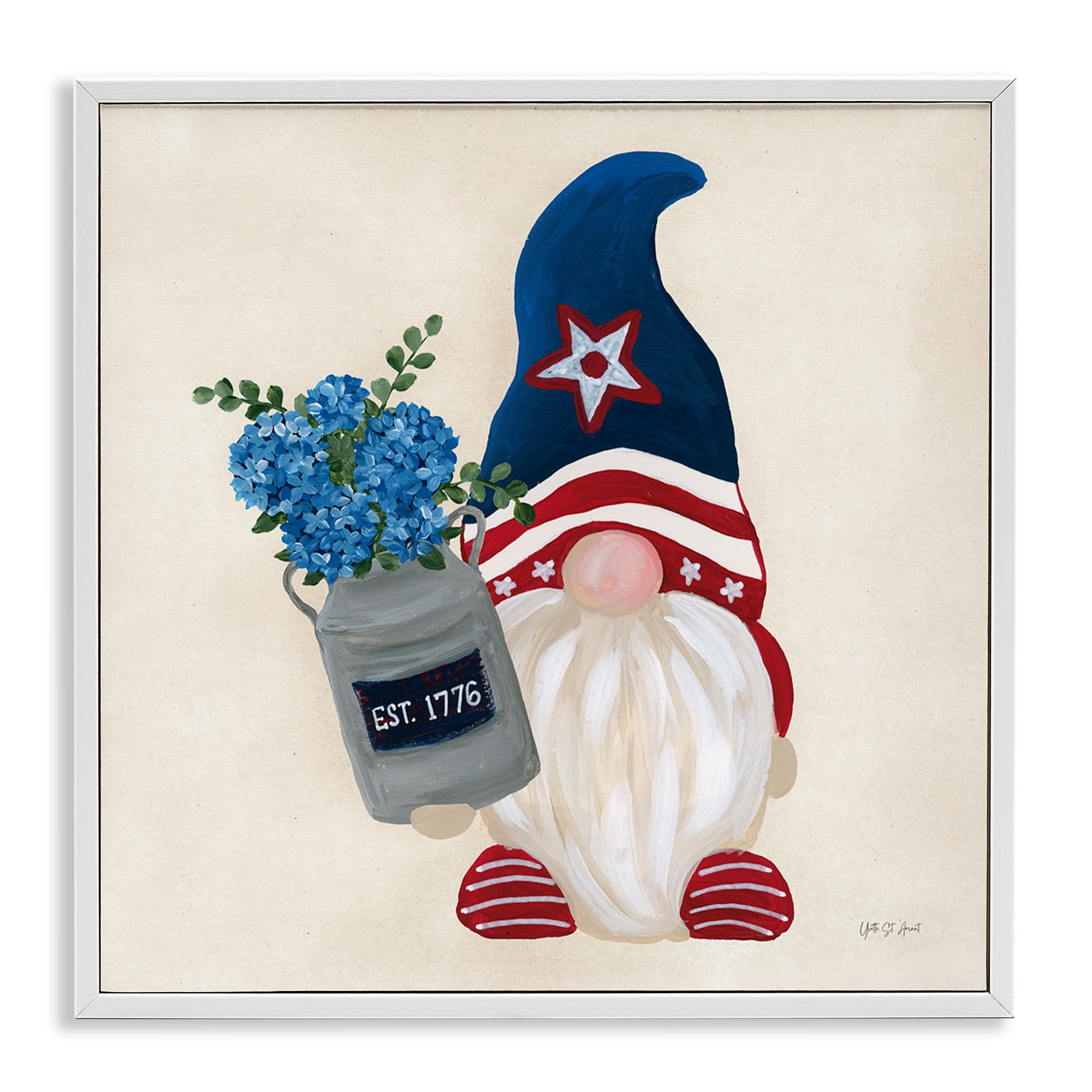 Stupell Industries Gnome & Americana Bouquet Patriotic Painting White Framed Art Print Wall Art, 17 x 17