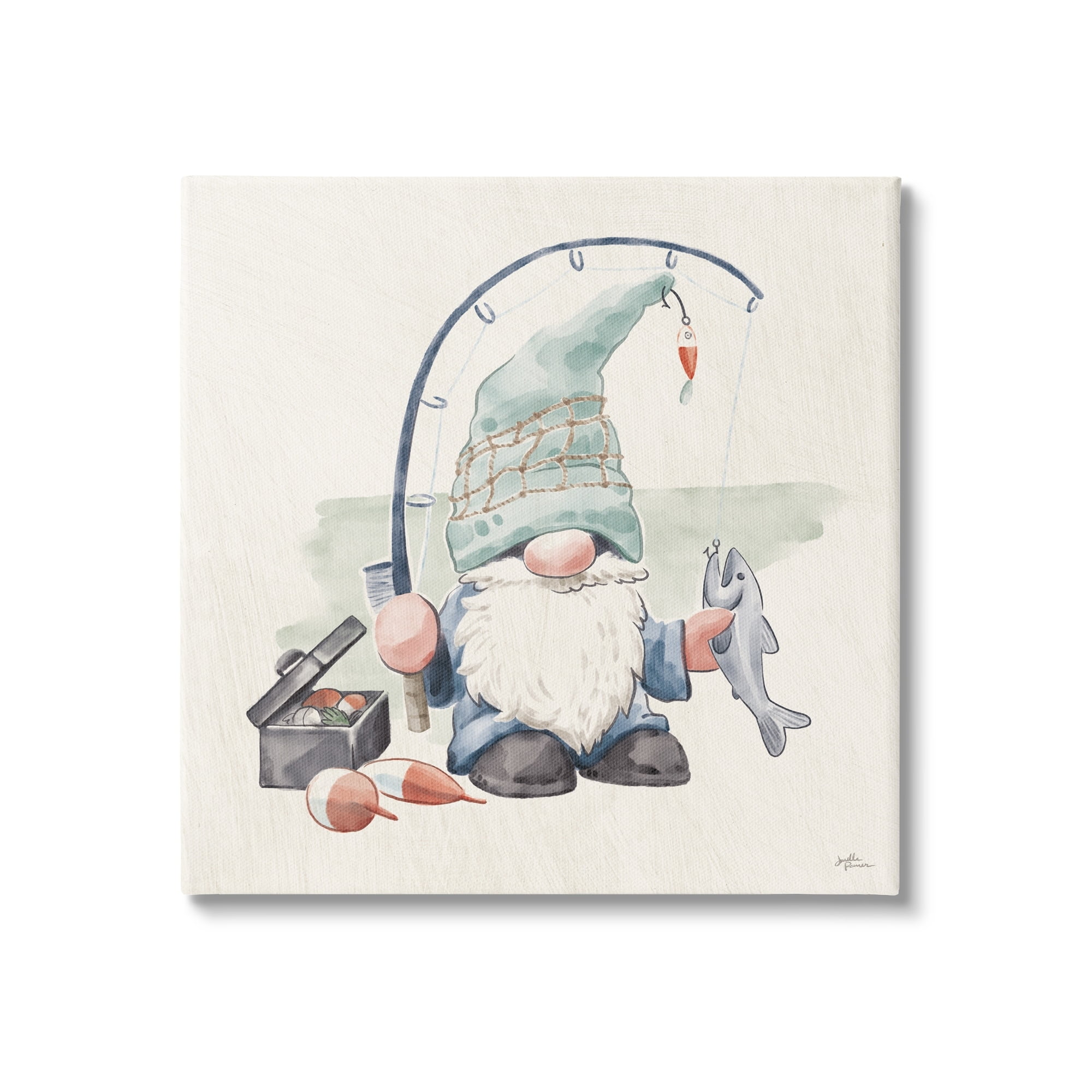 Stupell Industries Gnome Fishing Pole Summer Watercolor Beach Theme, 17 x 17, Design by Janelle Penner
