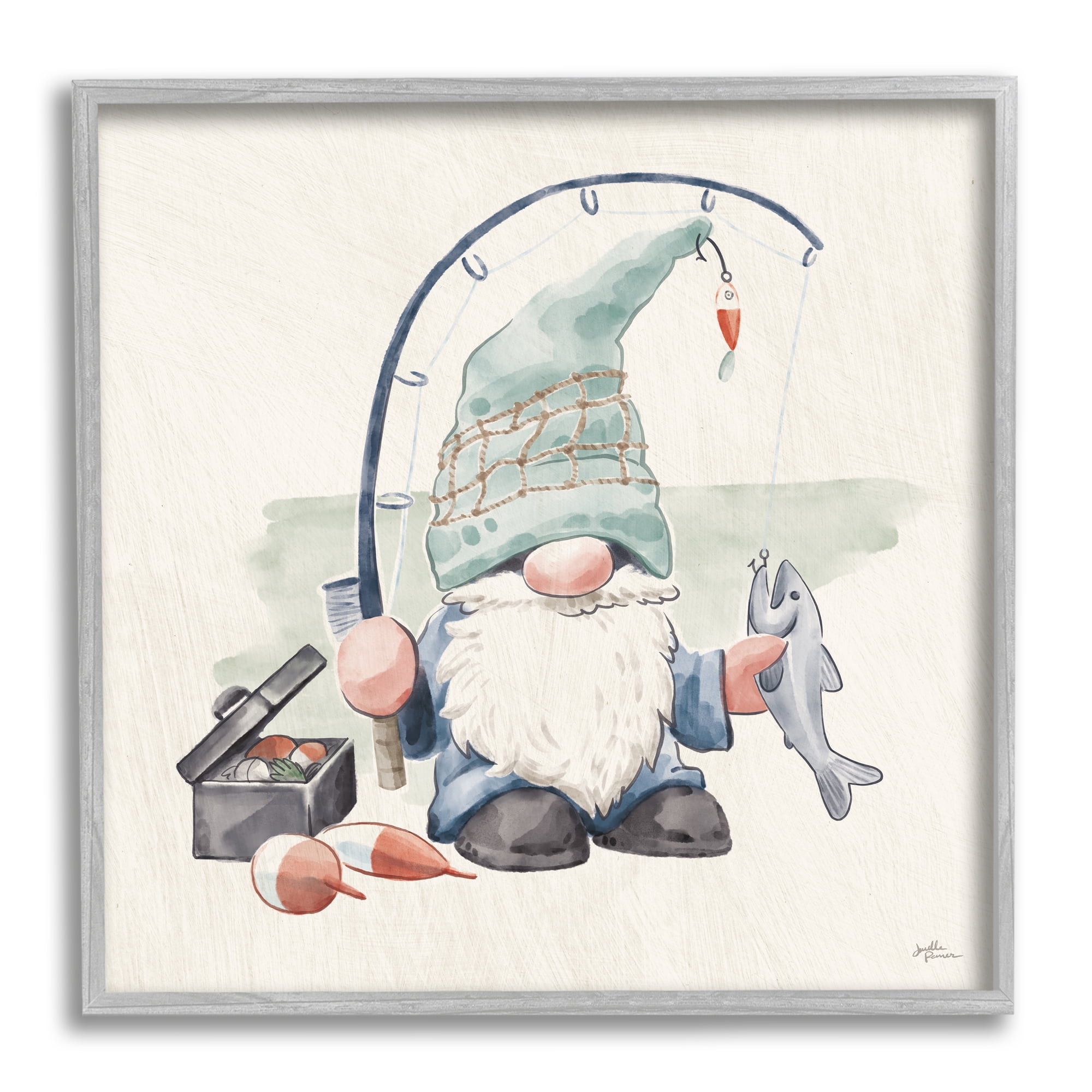 Stupell Industries Gnome Fishing Pole Summer Watercolor Beach Theme, 17 x 17, Design by Janelle Penner