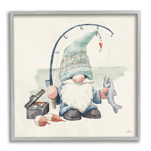 Stupell Industries Gnome Fishing Pole Summer Watercolor Beach Theme, 24 x 24, Design by Janelle Penner