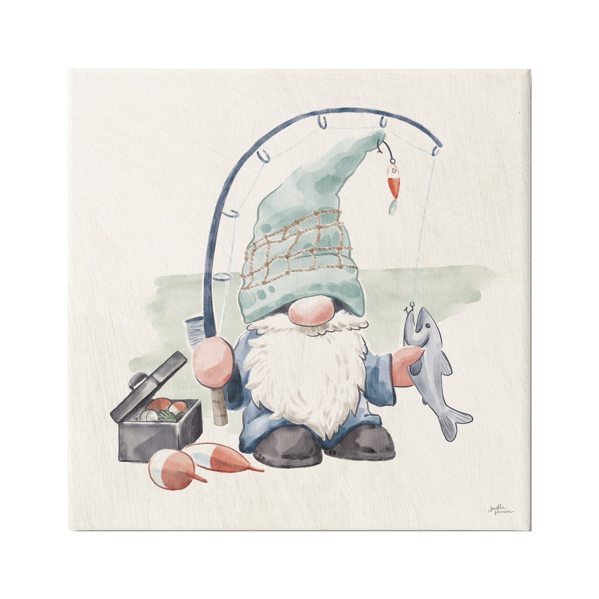 Stupell Industries Gnome Fishing Pole Summer Watercolor Beach Theme Gallery-Wrapped Canvas Print Wall Art, 36x36, by Janelle Penner