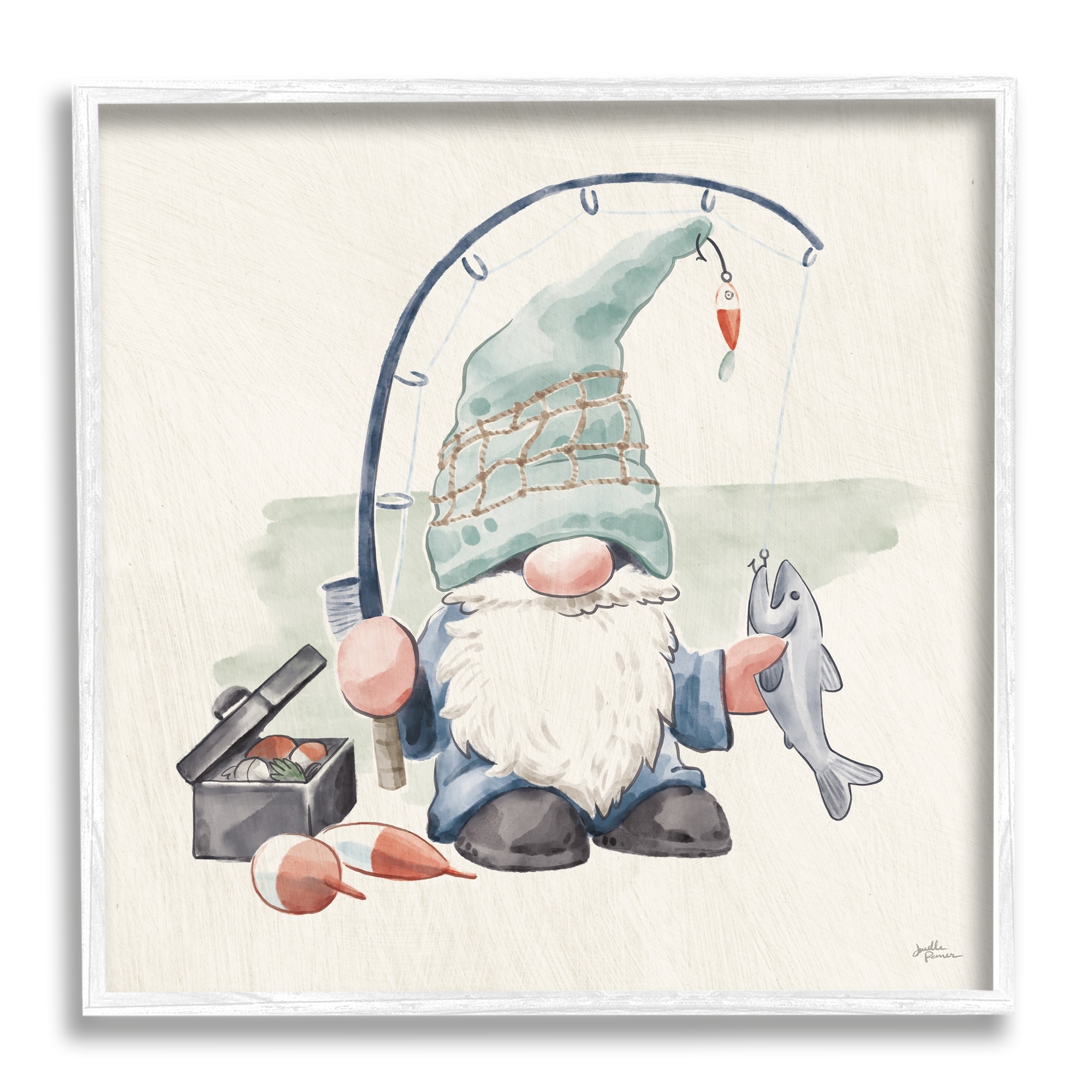 Stupell Industries Gnome Fishing Pole Summer Watercolor Beach Theme White Framed Art Print Wall Art, 17x17, by Janelle Penner