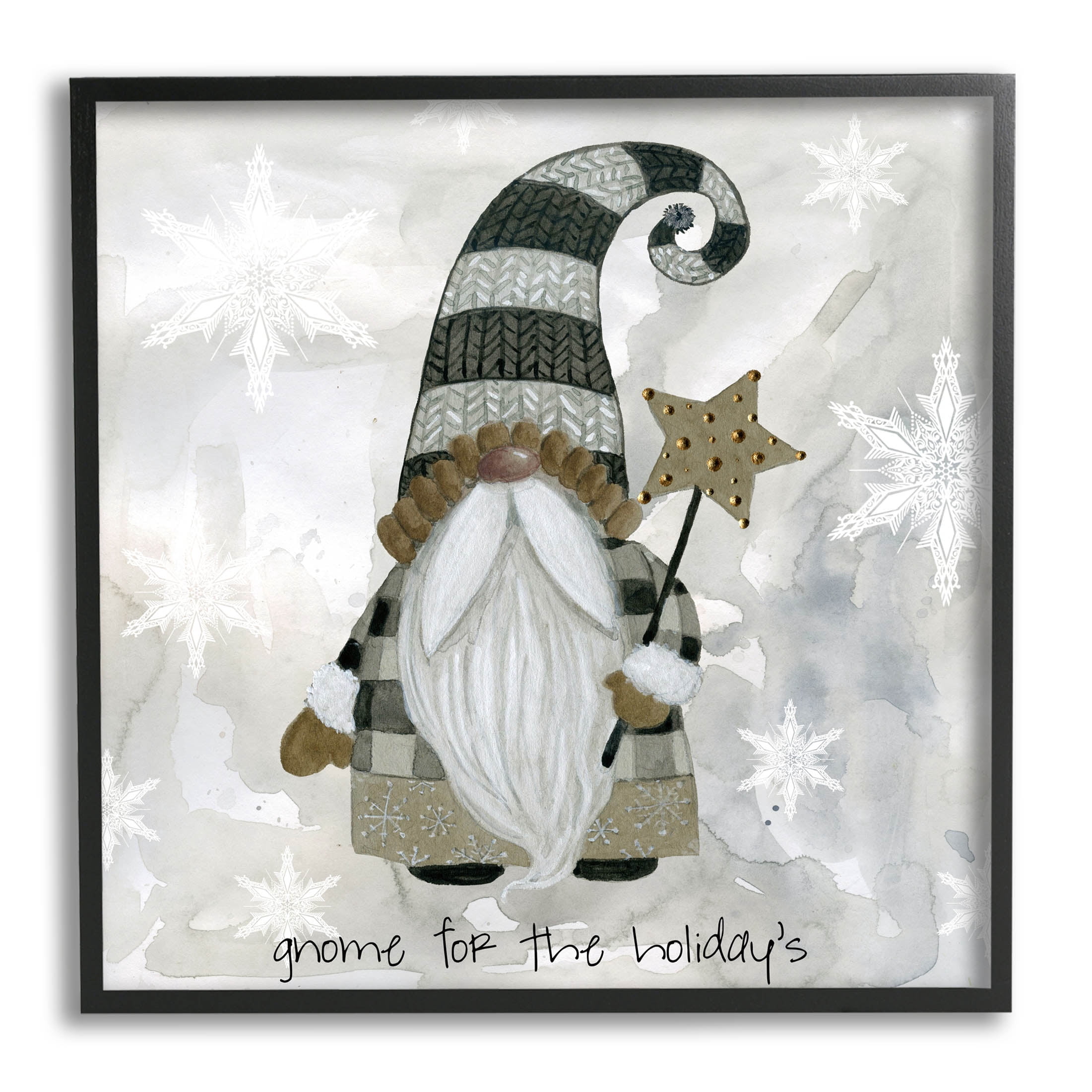 Stupell Industries Gnome For Holidays Snowflakes Graphic Art Black Framed Art Print Wall Art, Design by Livi Finn