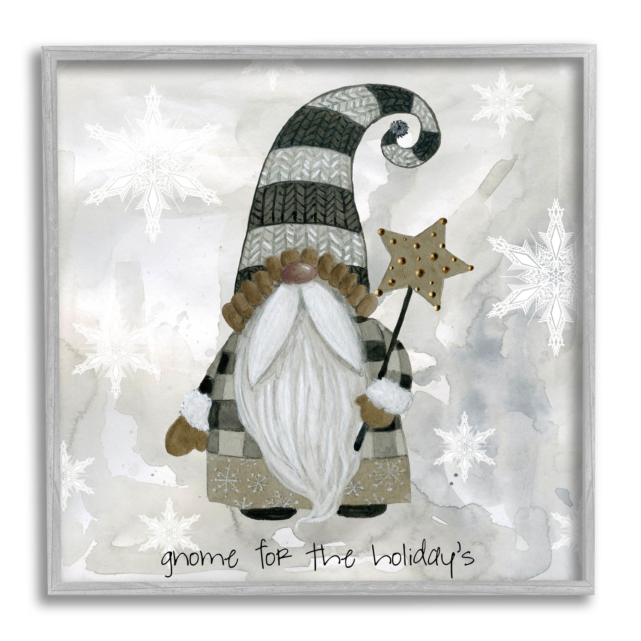 Stupell Industries Gnome For Holidays Snowflakes Graphic Art Gray Framed Art Print Wall Art, Design by Livi Finn