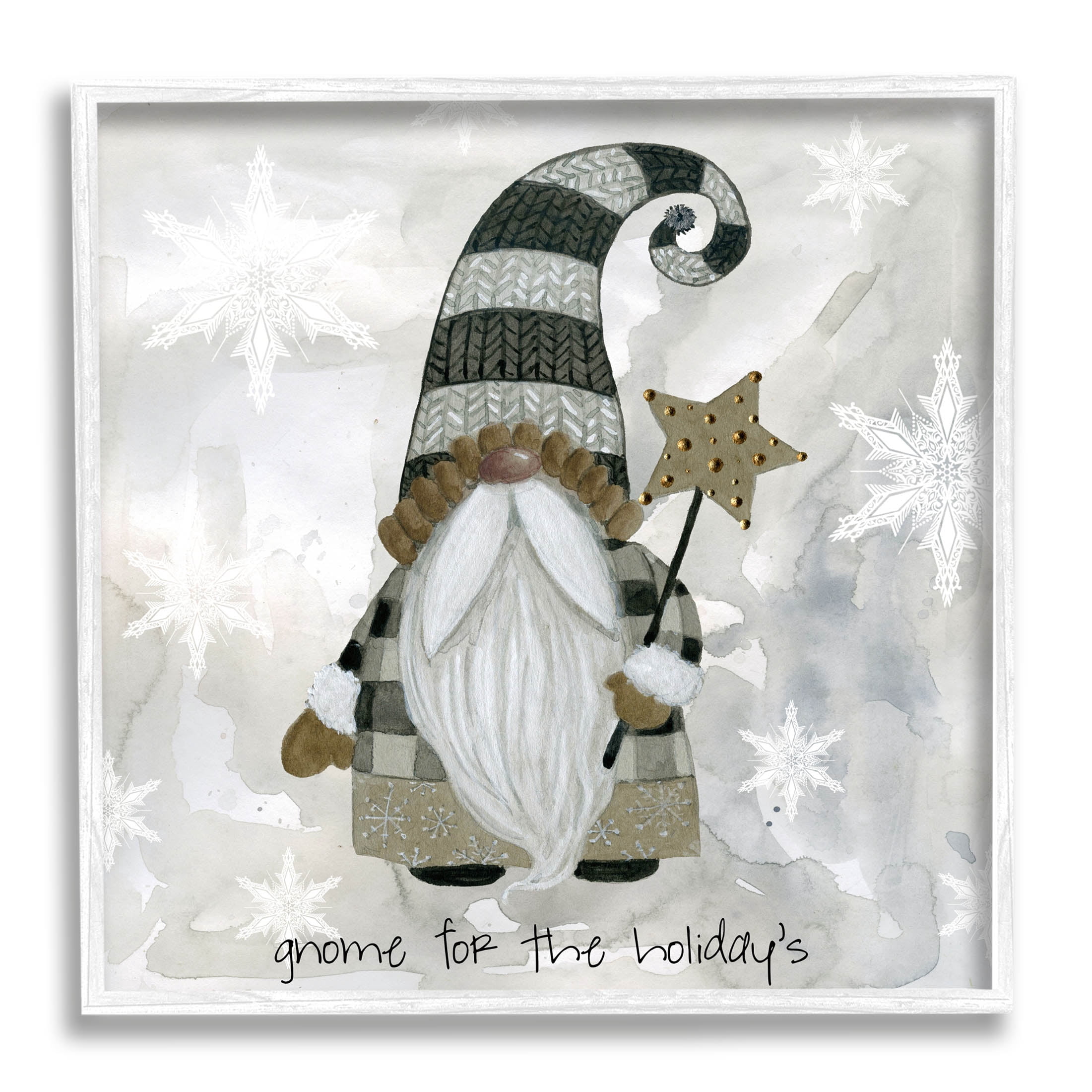 Stupell Industries Gnome For Holidays Snowflakes Graphic Art White Framed Art Print Wall Art, Design by Livi Finn