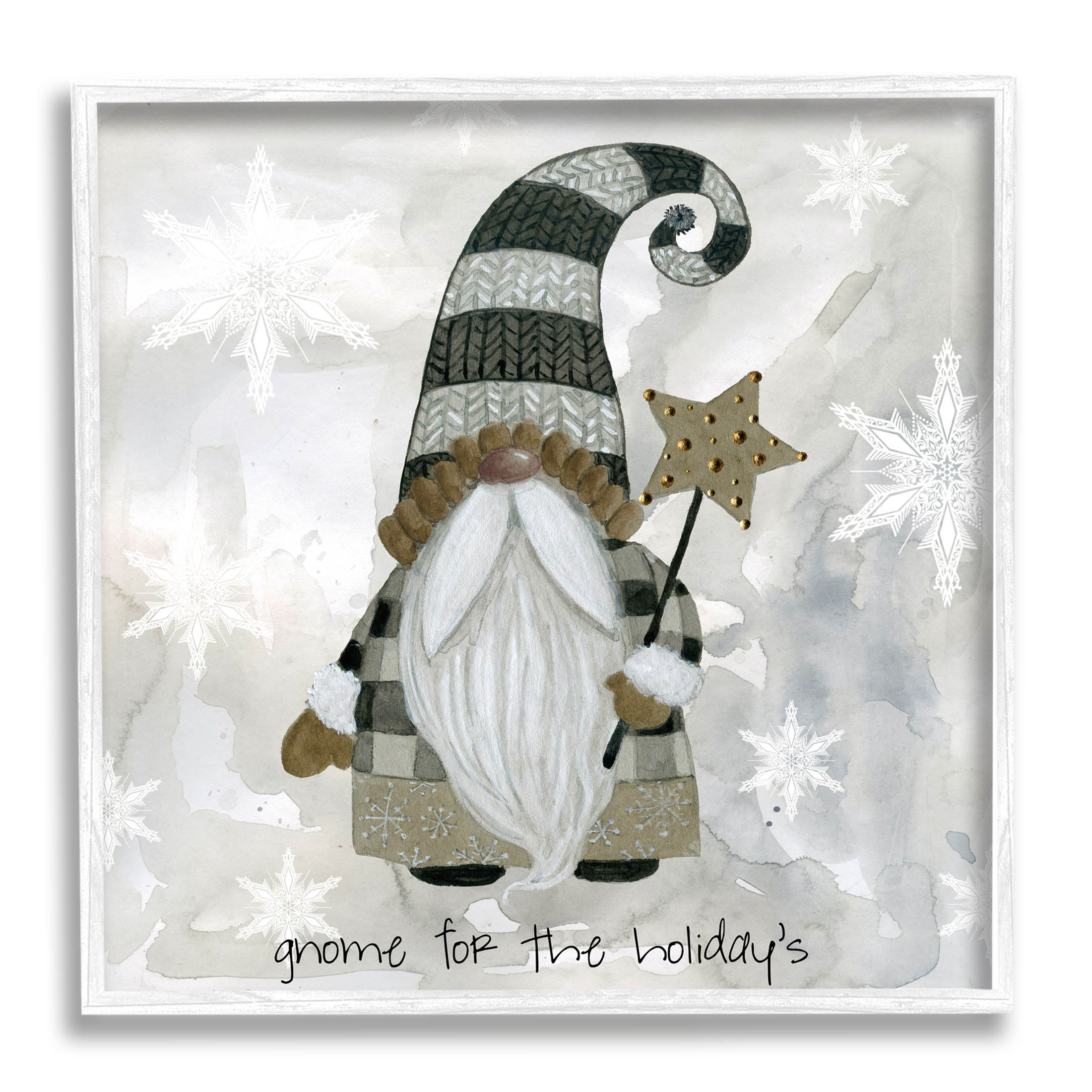 Stupell Industries Gnome For Holidays Snowflakes Graphic Art White Framed Art Print Wall Art, Design by Livi Finn