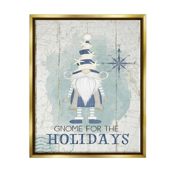 Stupell Industries Gnome For The Holidays Nautical Graphic Art Metallic Gold Floating Framed Canvas Print Wall Art, Design by Jennifer Pugh