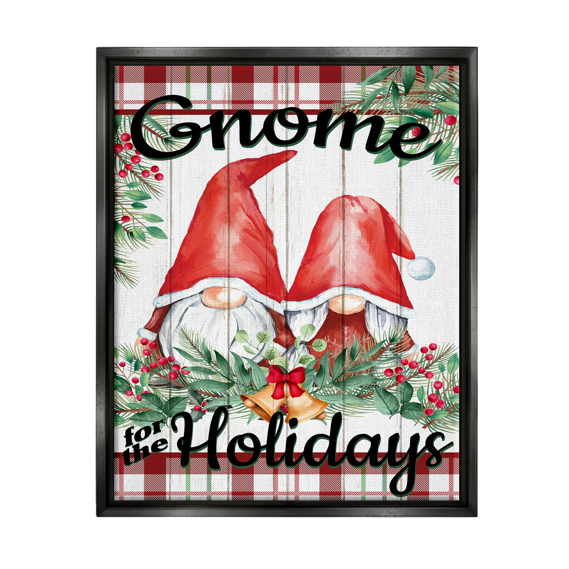 Stupell Industries Gnome For The Holidays Plaid Graphic Art Jet Black Floating Framed Canvas Print Wall Art, Design by Kim Allen