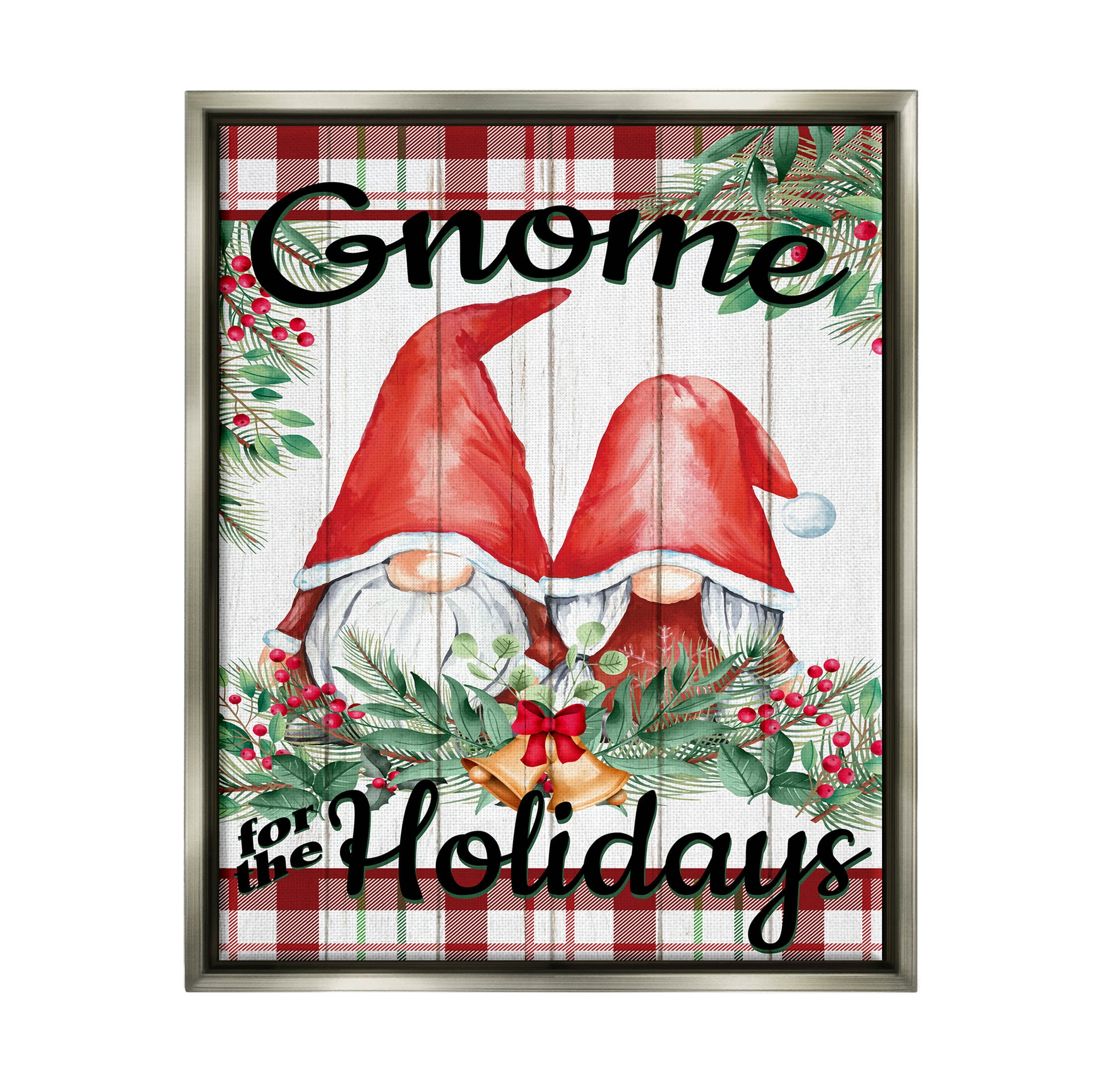 Stupell Industries Gnome For The Holidays Plaid Graphic Art Luster Gray Floating Framed Canvas Print Wall Art, Design by Kim Allen