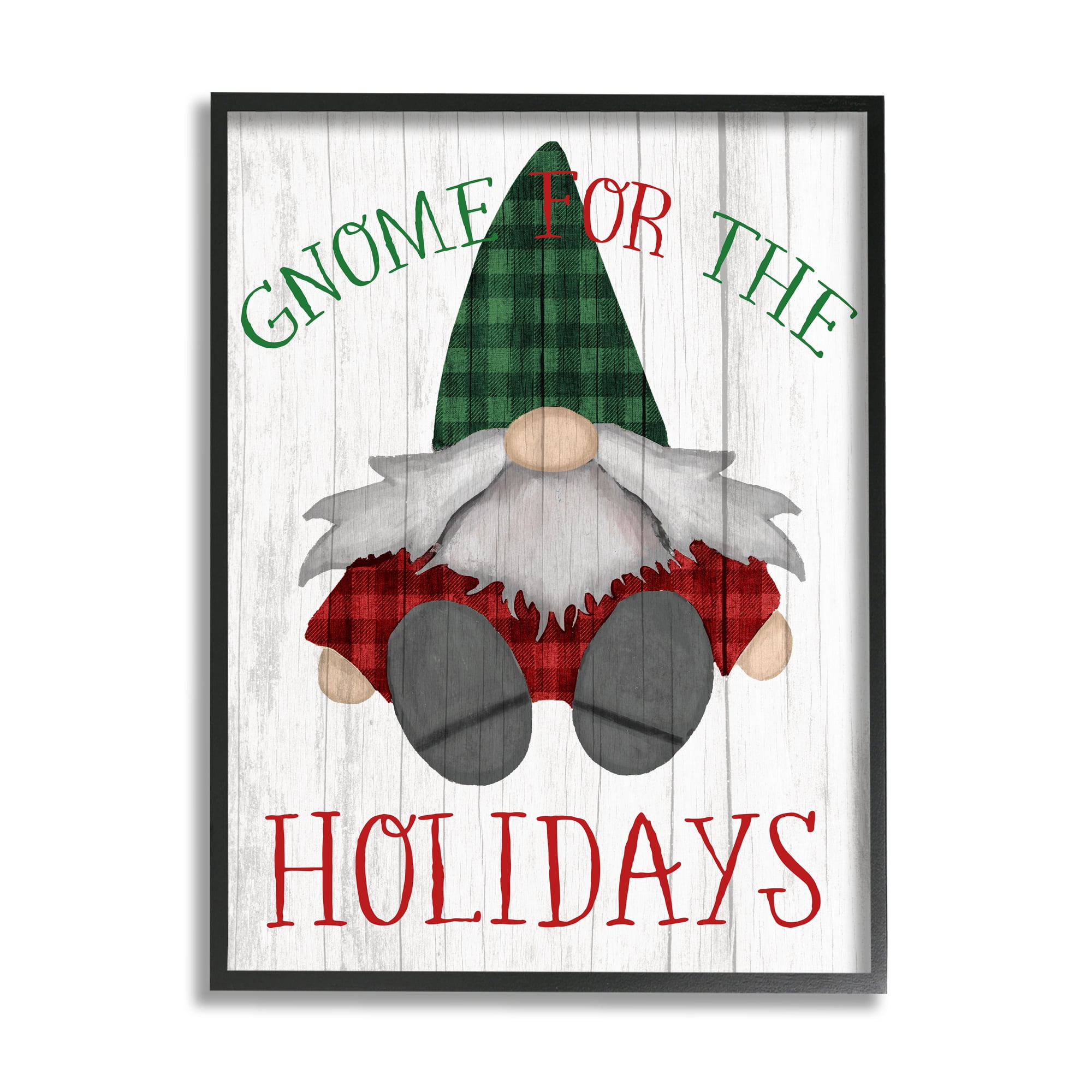 Stupell Industries Gnome for the Holidays Festive Garden Elf Plaid Country Painting Black framed Art Print Wall Art, 24 x 30, Design by Daphne Polselli