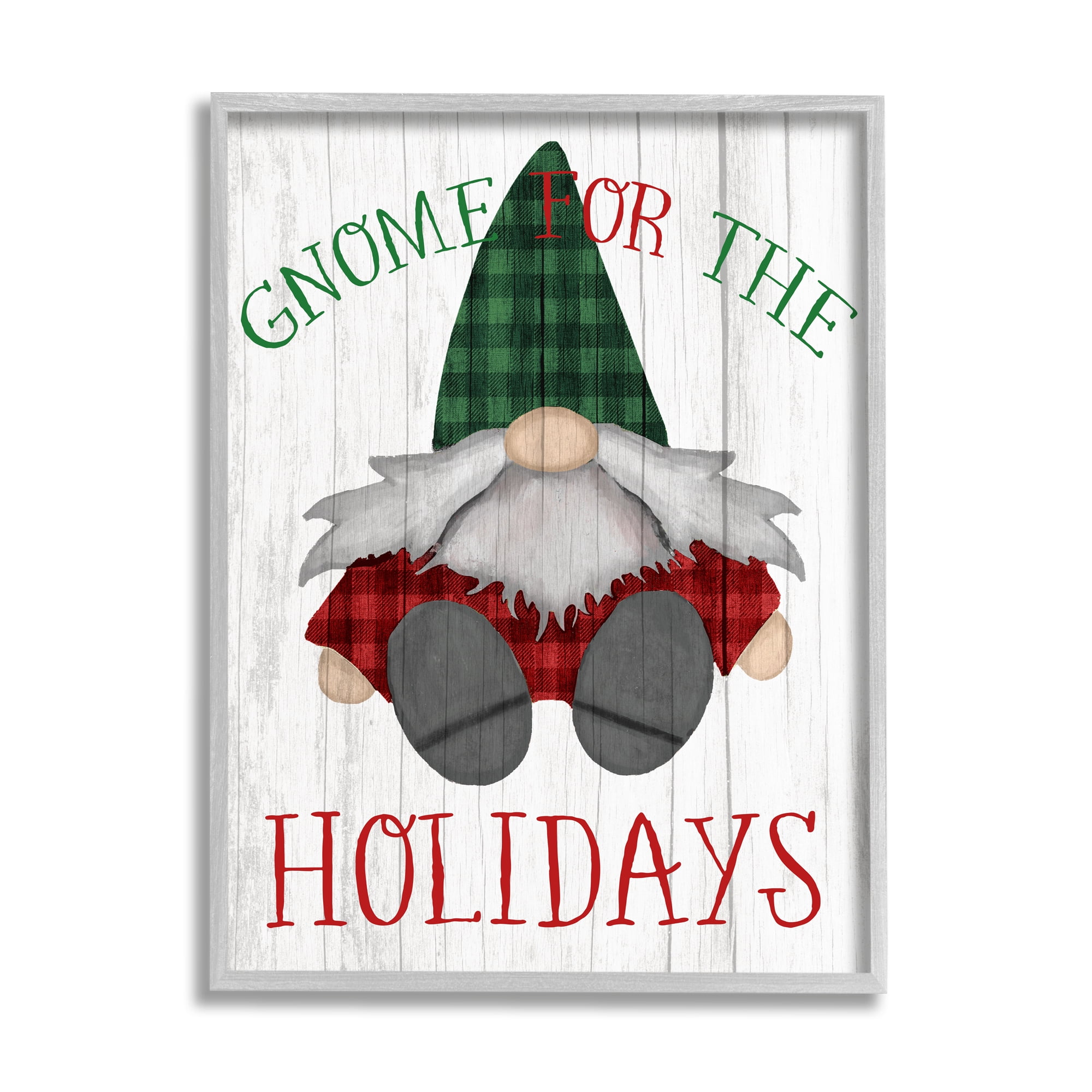 Stupell Industries Gnome for the Holidays Festive Garden Elf Plaid Country Painting Gray Framed Art Print Wall Art, 24 x 30, Design by Daphne Polselli